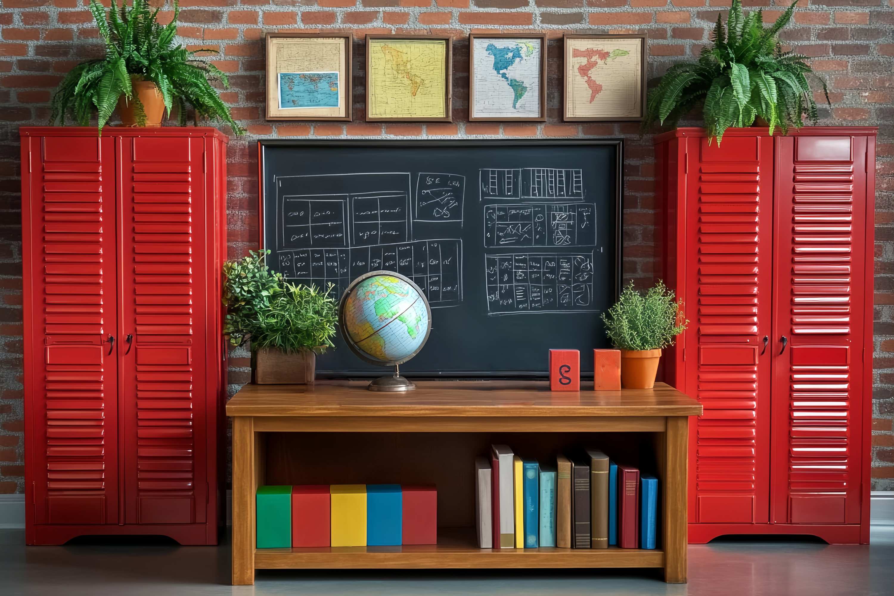 School Classroom Backdrop Red Lockers Globe Study Corner Back To School Backdrop LXX58-148