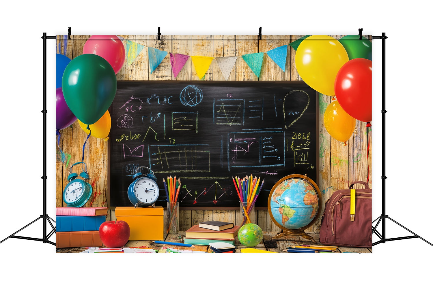 Back To School Chalkboard Backdrop Colorful Balloons Blackboard Supplies Back To School Backdrops LXX58-149