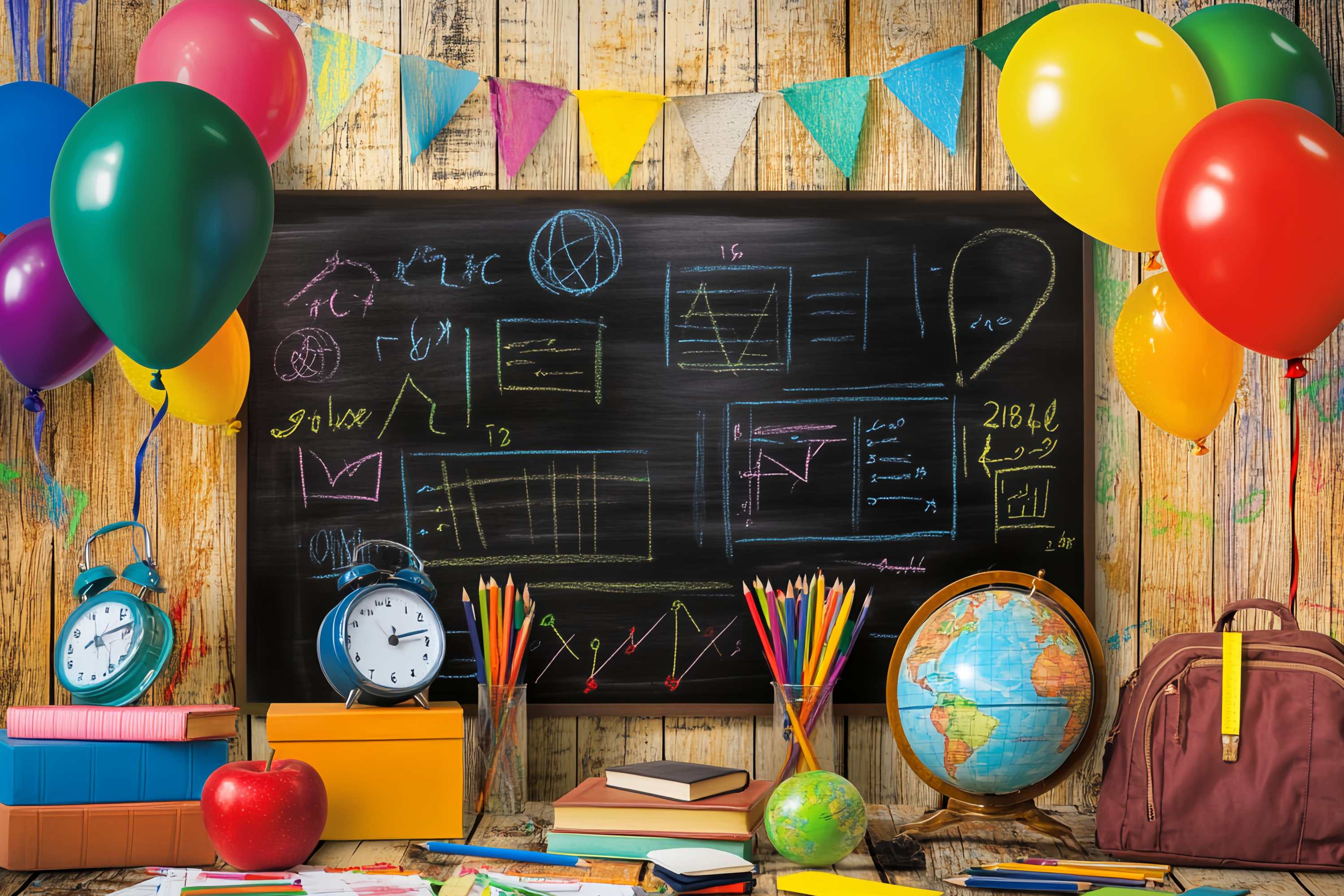 Back To School Chalkboard Backdrop Colorful Balloons Blackboard Supplies Back To School Backdrops LXX58-149