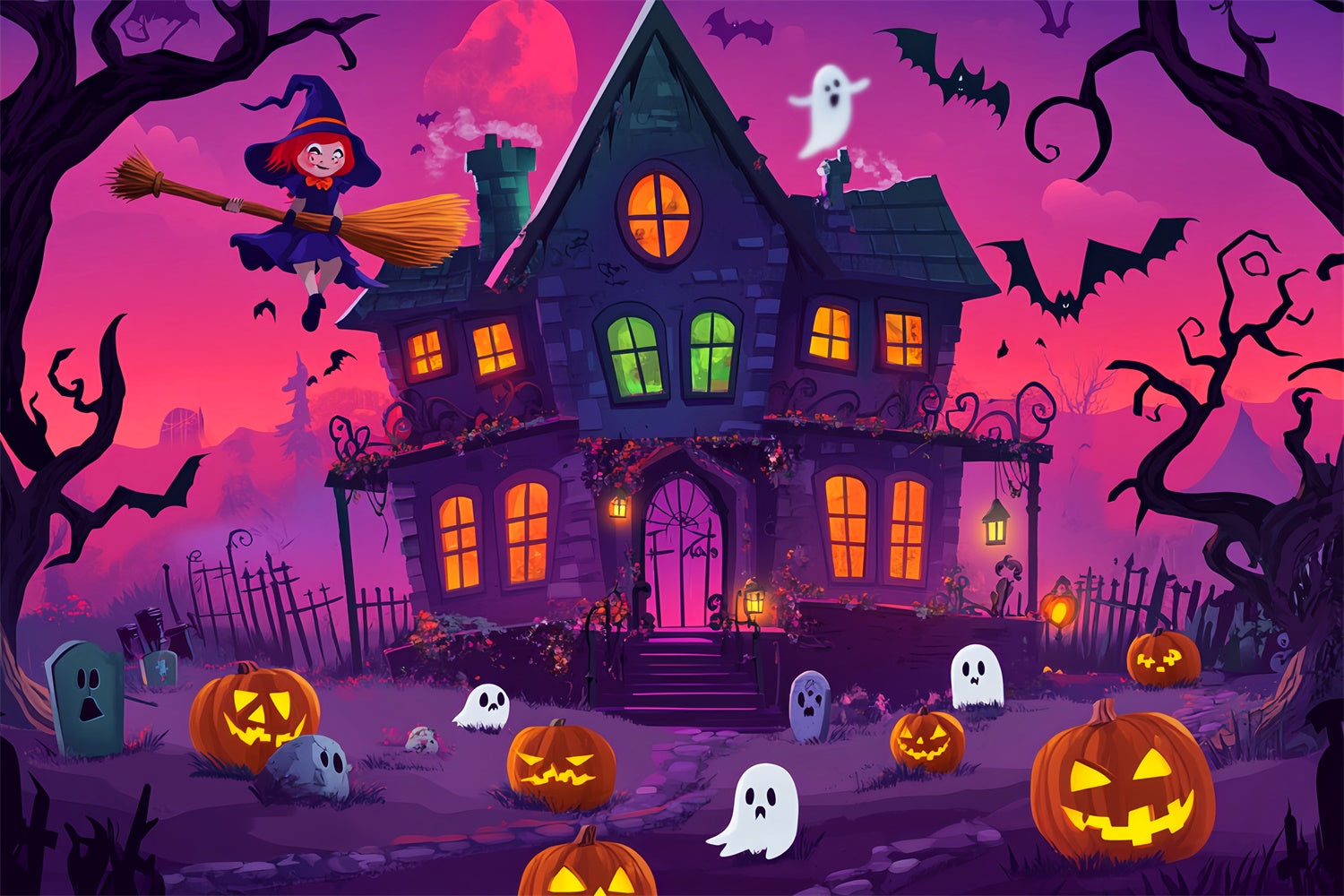 Haunted House Backdrop Cartoon Enchanted Night Backdrop LXX58-15