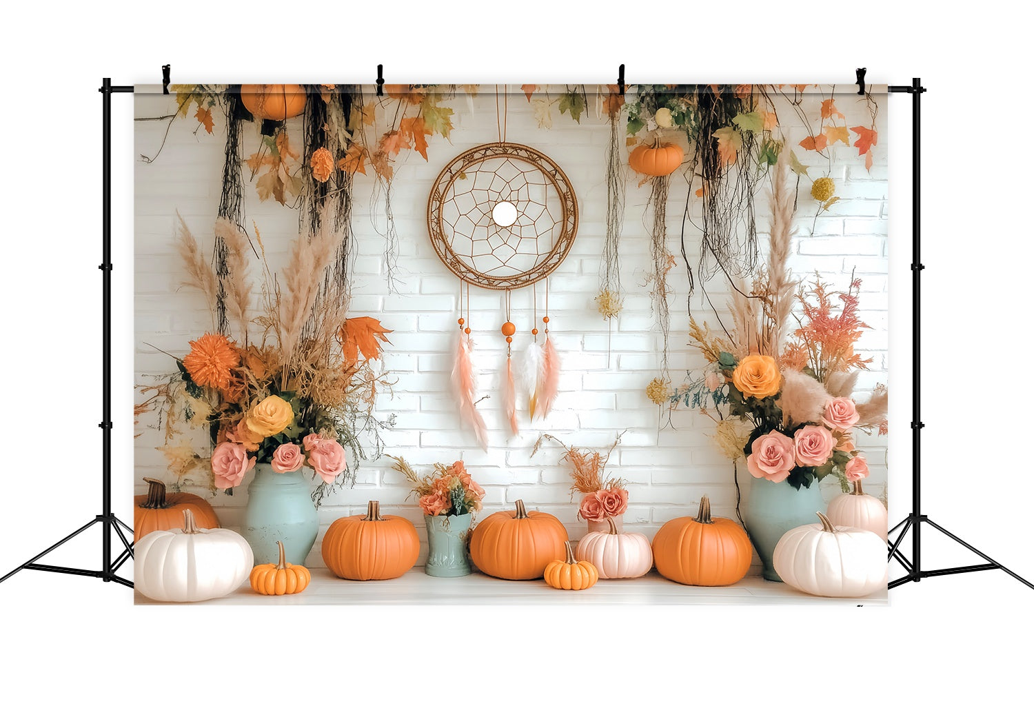 Autumn Fall Backdrop Rustic Pumpkin Dreamcatcher Display Boho Backdrop LXX58-155