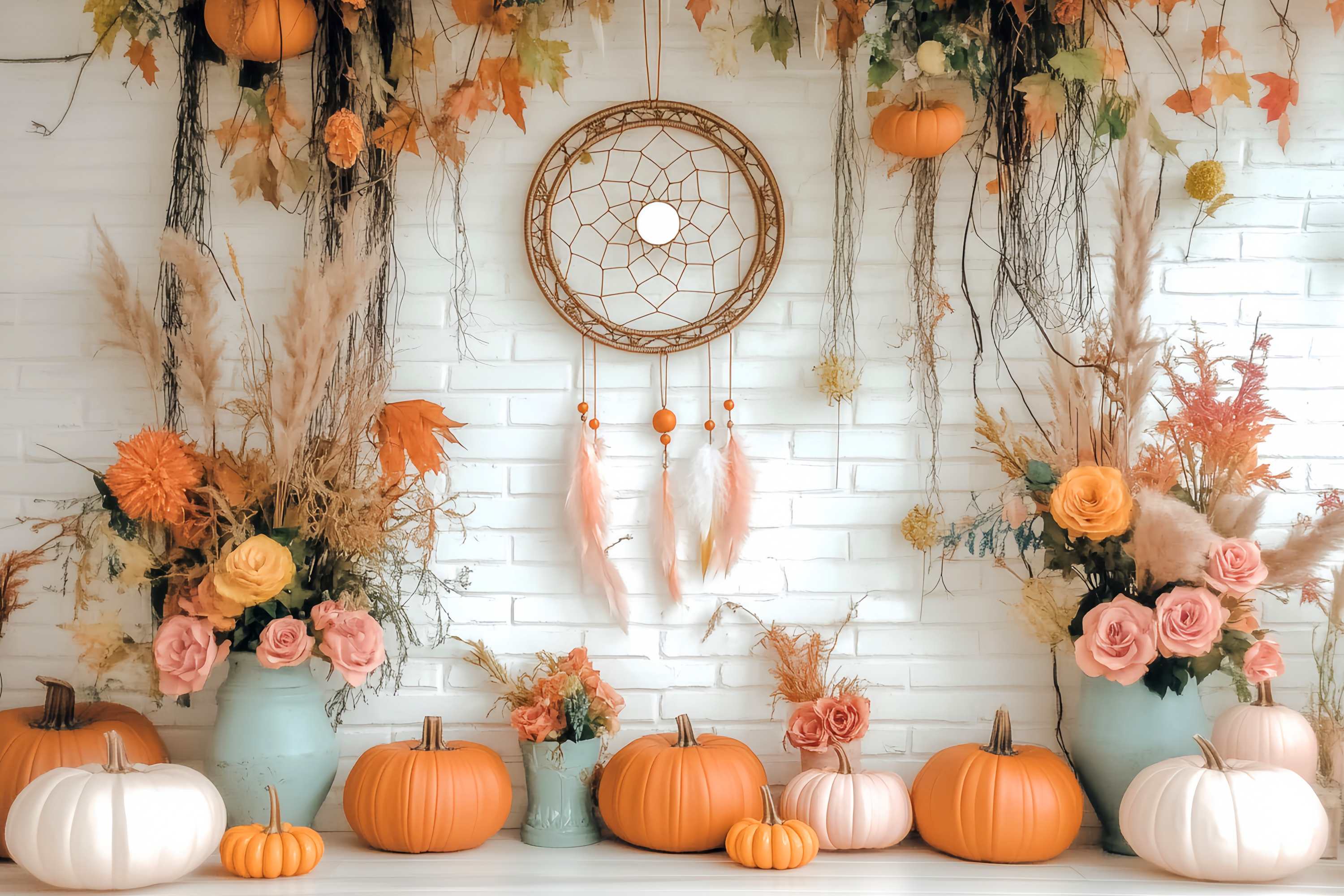 Autumn Fall Backdrop Rustic Pumpkin Dreamcatcher Display Boho Backdrop LXX58-155