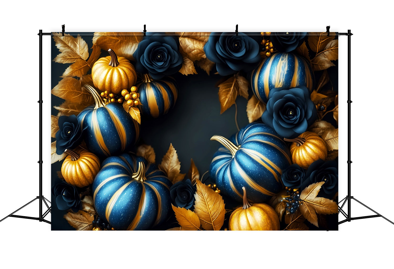 Fall Backdrop for Pictures Golden Navy Pumpkin Wreath Fine Art Backdrop LXX58-157