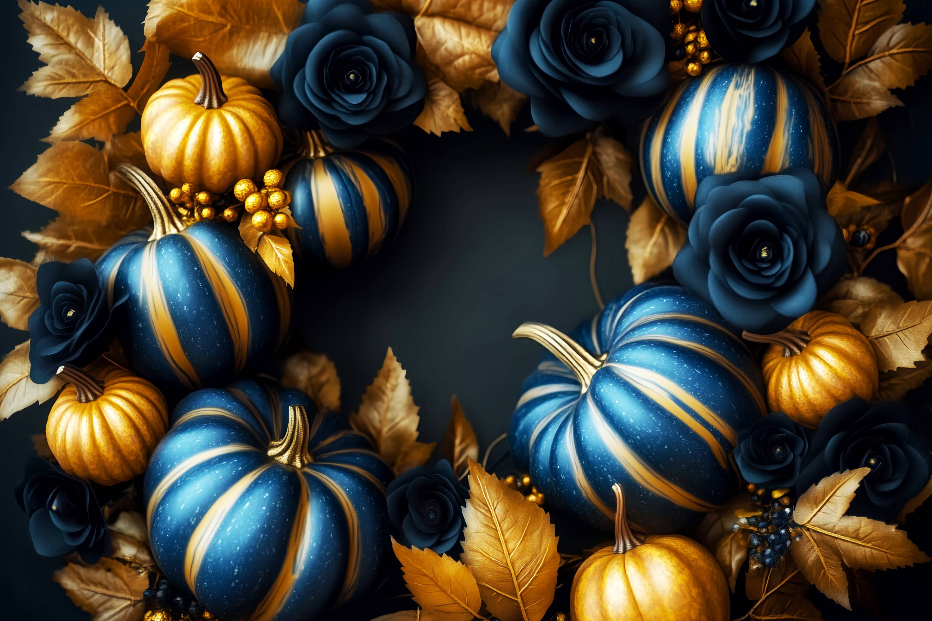 Fall Backdrop for Pictures Golden Navy Pumpkin Wreath Fine Art Backdrop LXX58-157