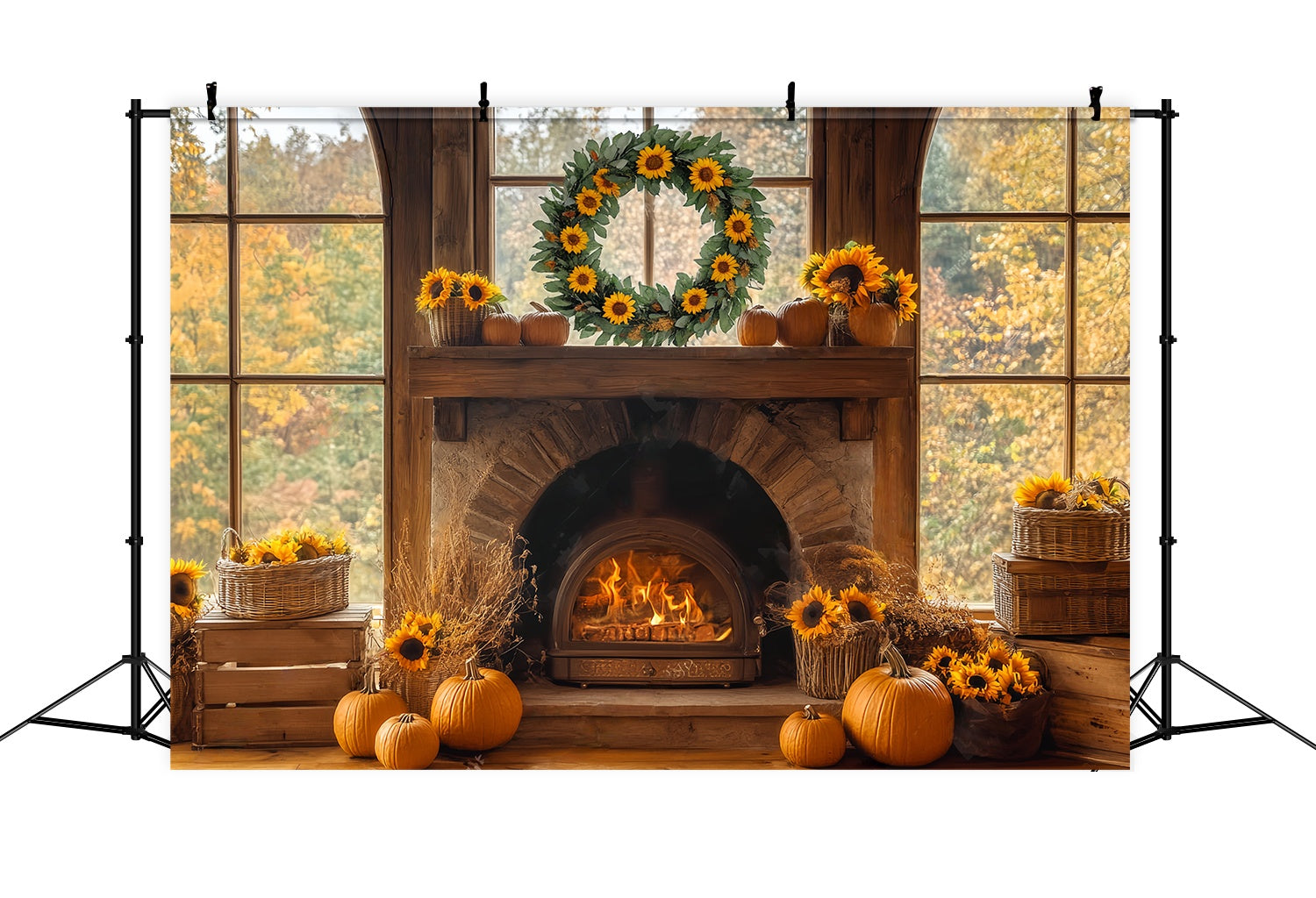 Fall Backdrop for Pictures Sunflower Pumpkin Hearth Glow Fireplace Backdrop LXX58-160