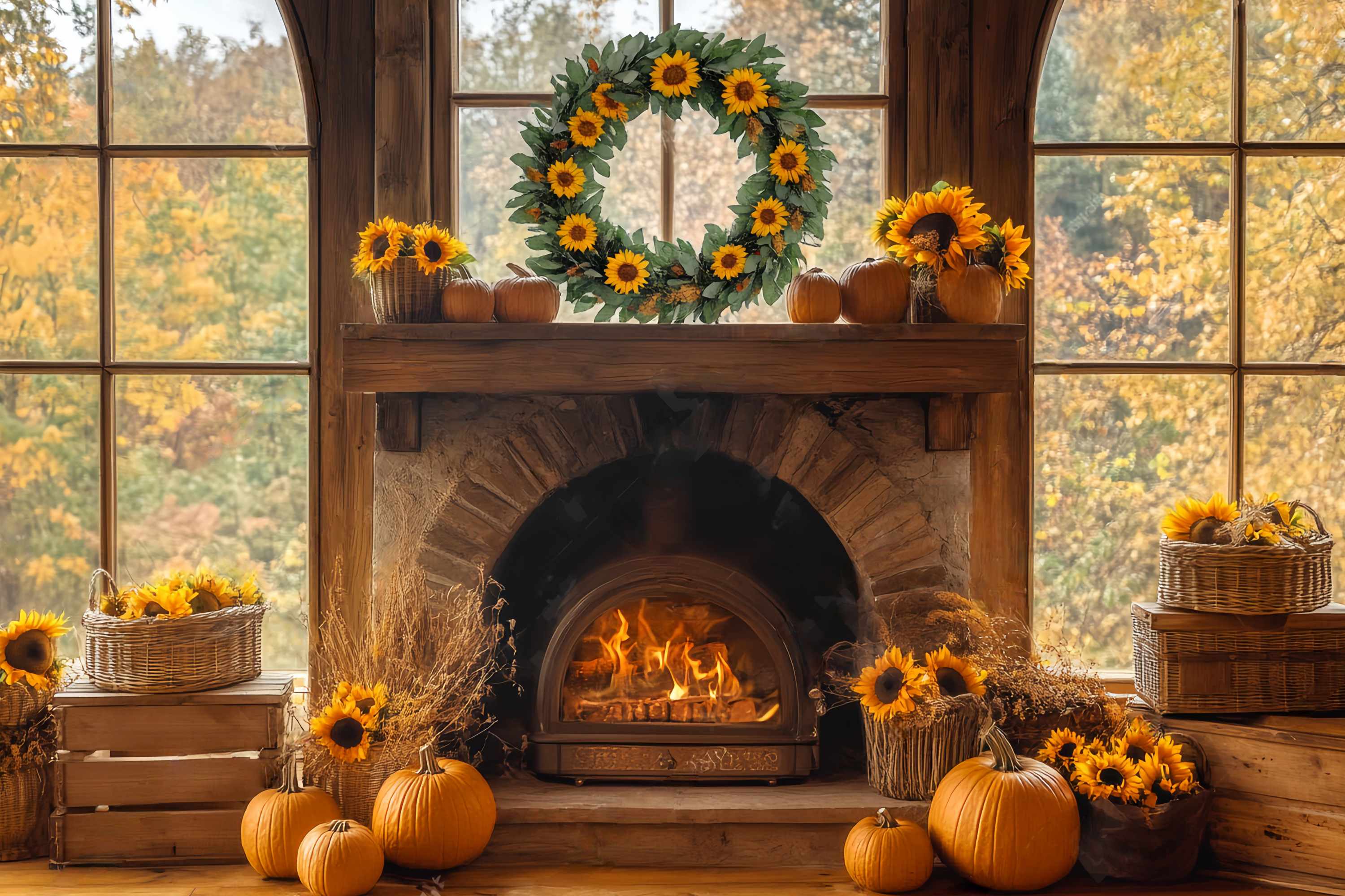 Fall Backdrop for Pictures Sunflower Pumpkin Hearth Glow Fireplace Backdrop LXX58-160