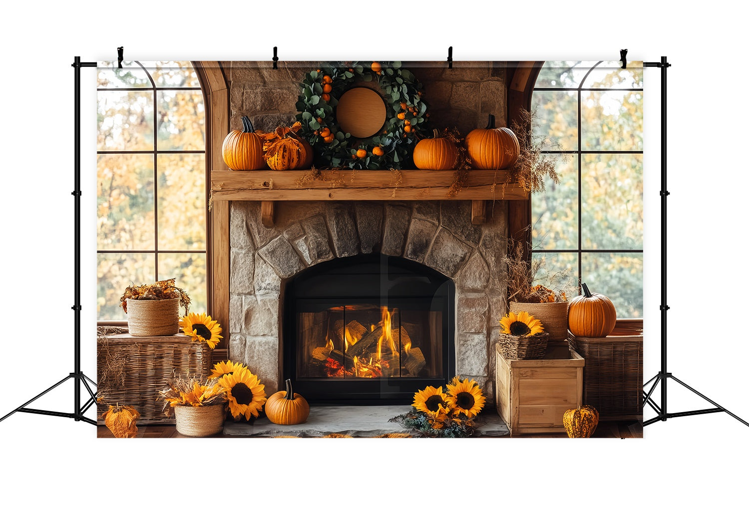 Fall Backdrop for Photos Rustic Fireplace Sunflower Charm Fireplace Backdrop LXX58-161