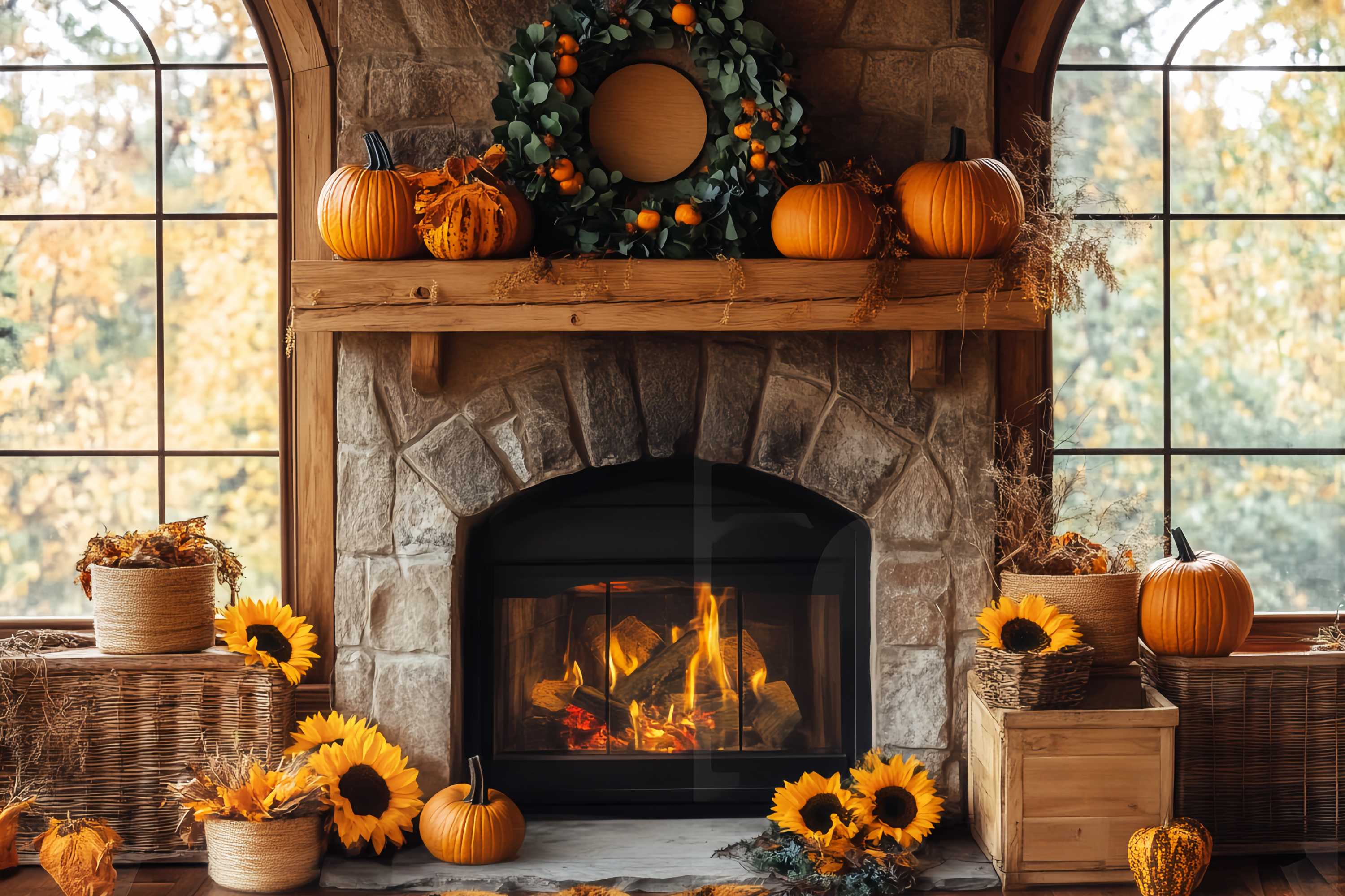Fall Backdrop for Photos Rustic Fireplace Sunflower Charm Fireplace Backdrop LXX58-161