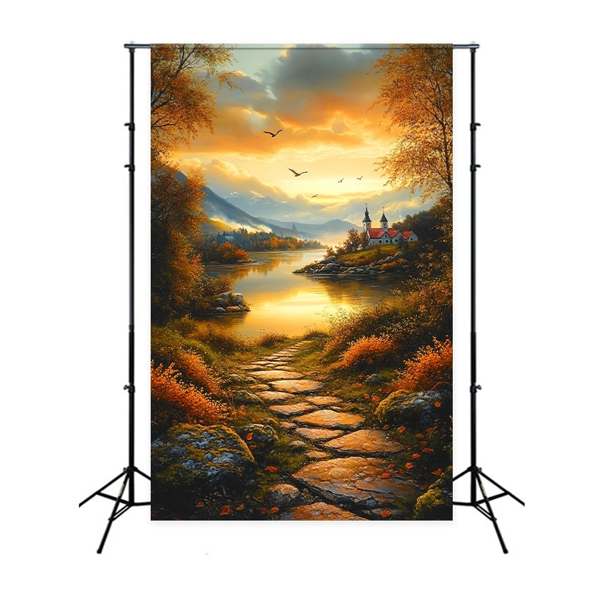 Fall Backdrop Autumn Pathway Lakeside Village Sunset Backdrop LXX58-165