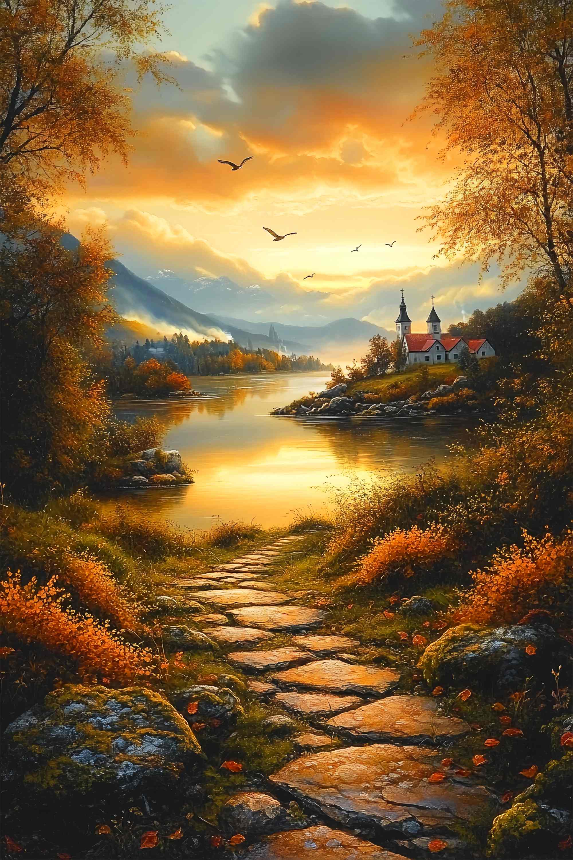 Fall Backdrop Autumn Pathway Lakeside Village Sunset Backdrop LXX58-165