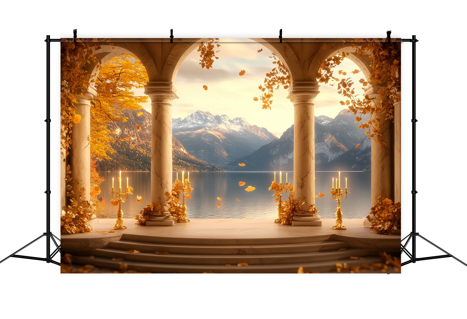 Fall Backdrop for Pictures Golden Arch Lake Mountains Vintage Backdrop LXX58-168