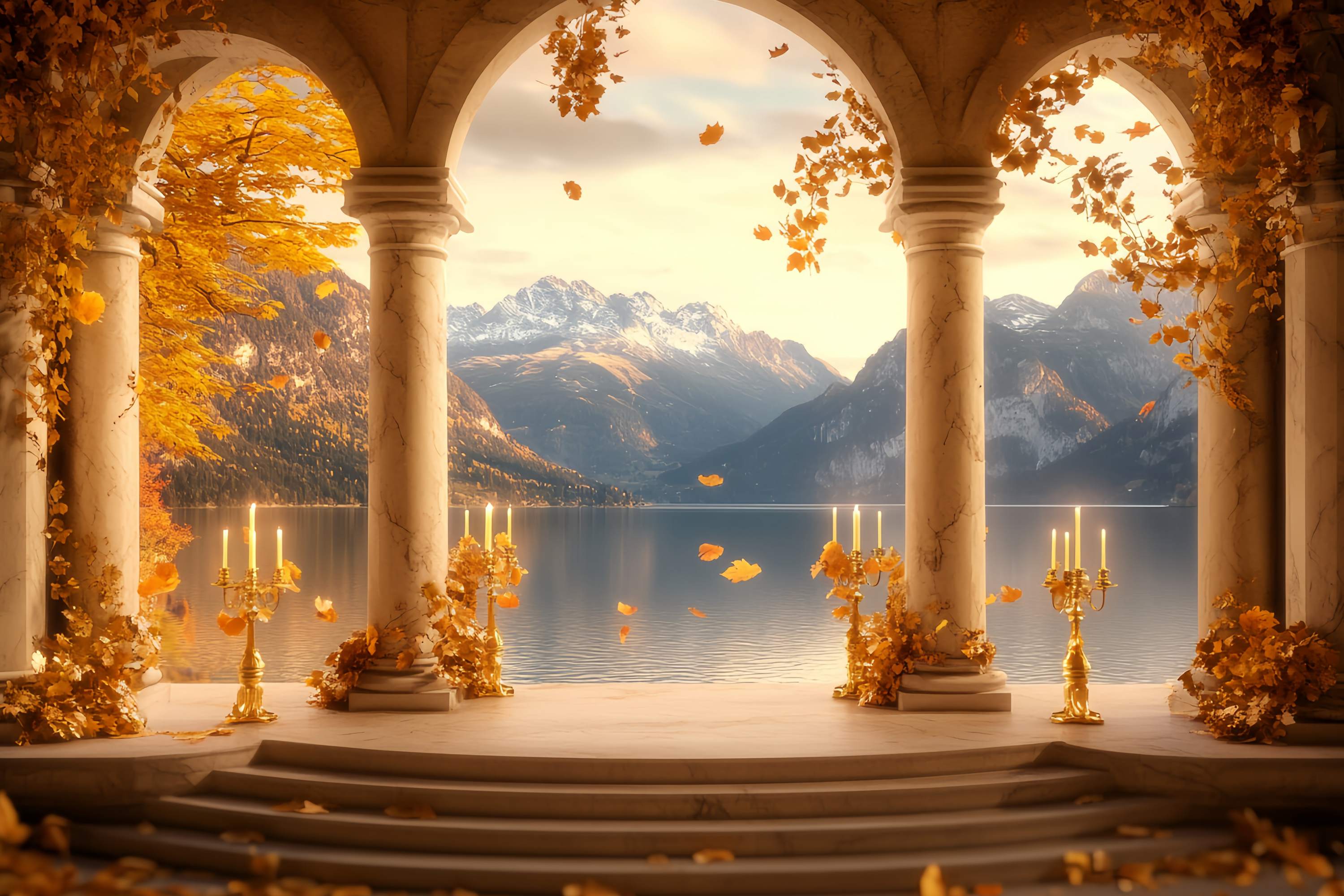 Fall Backdrop for Pictures Golden Arch Lake Mountains Vintage Backdrop LXX58-168
