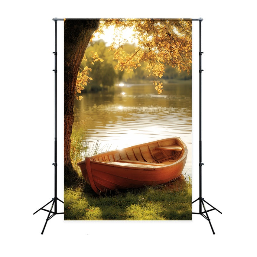 Fall Photography Backdrops Golden Rowboat Lakeside Tranquility Forest Backdrop LXX58-180