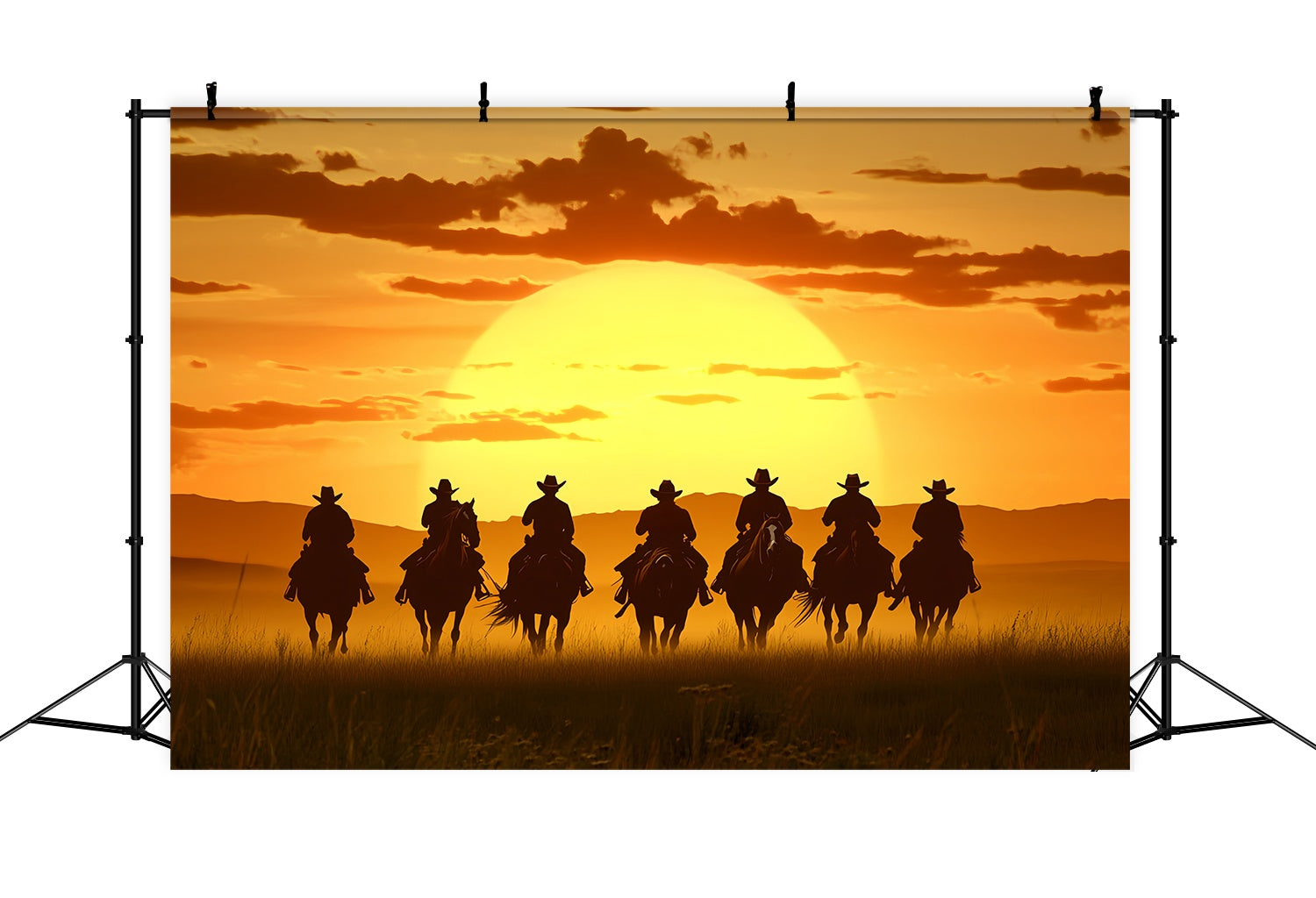 Autumn Backdrop Riders Silhouettes Golden Horizon Cowboy Backdrop LXX58-187