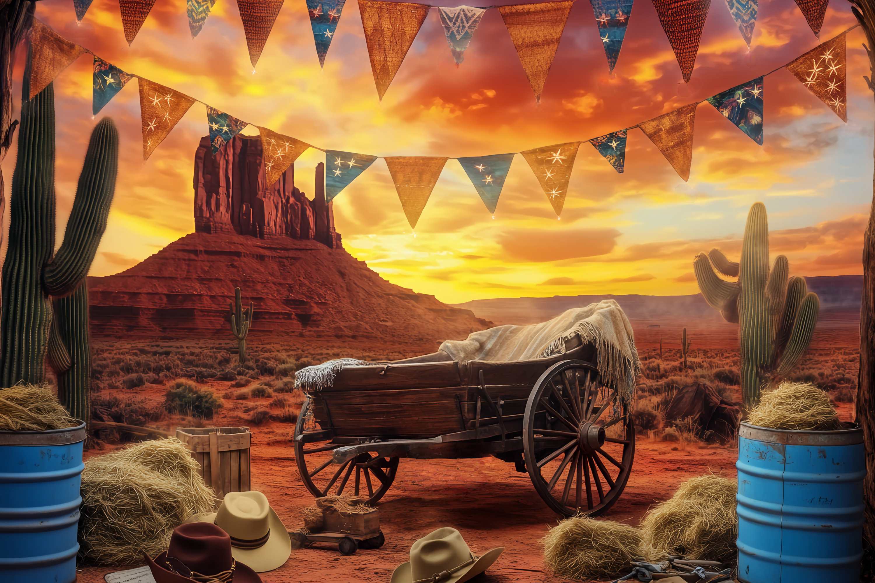 Fall Backdrops Sunset Desert Wagon Cactus Western Backdrop LXX58-190