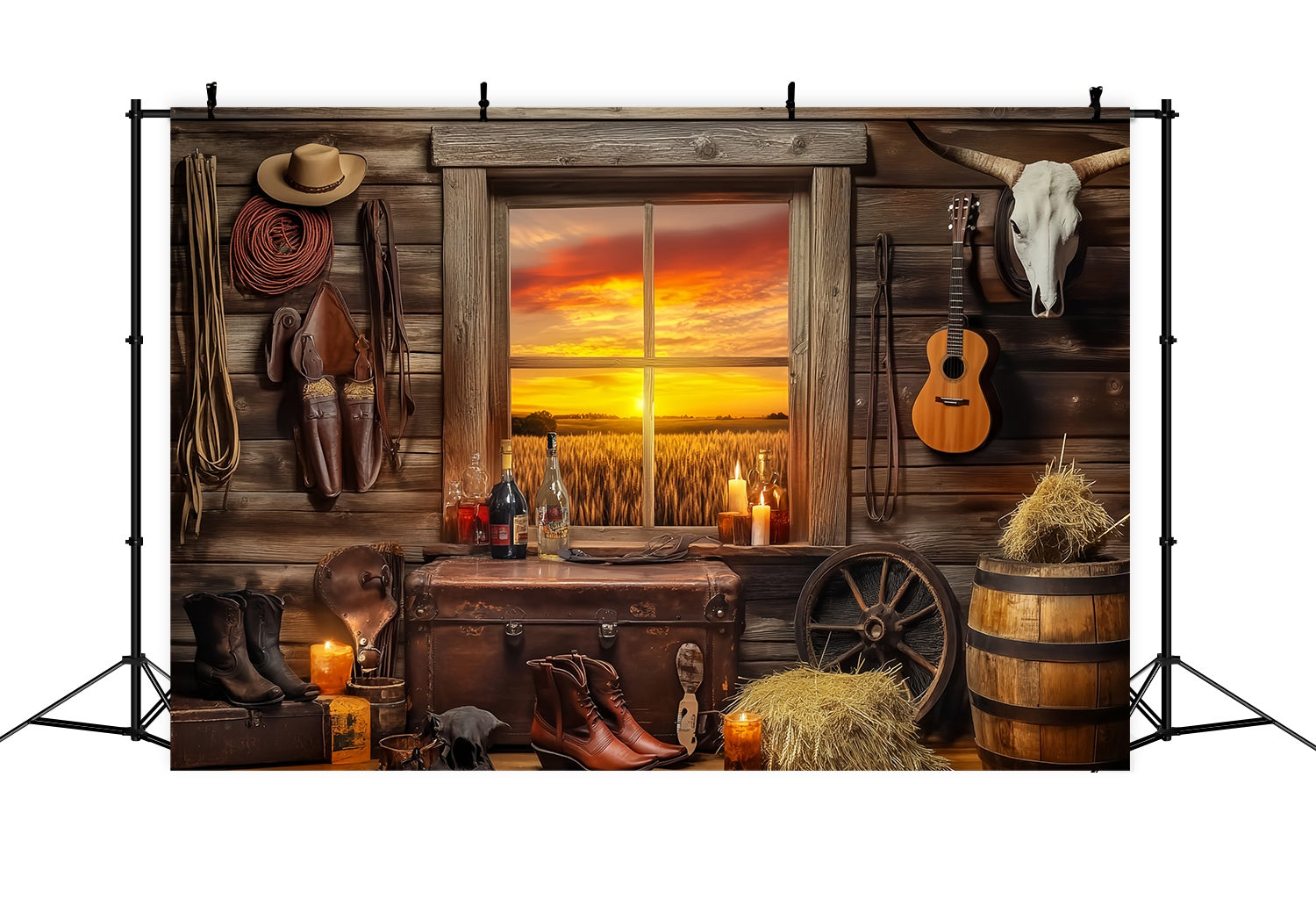 Fall Photo Backdrop Rustic Cabin Sunset Window Cowboy Backdrop LXX58-191