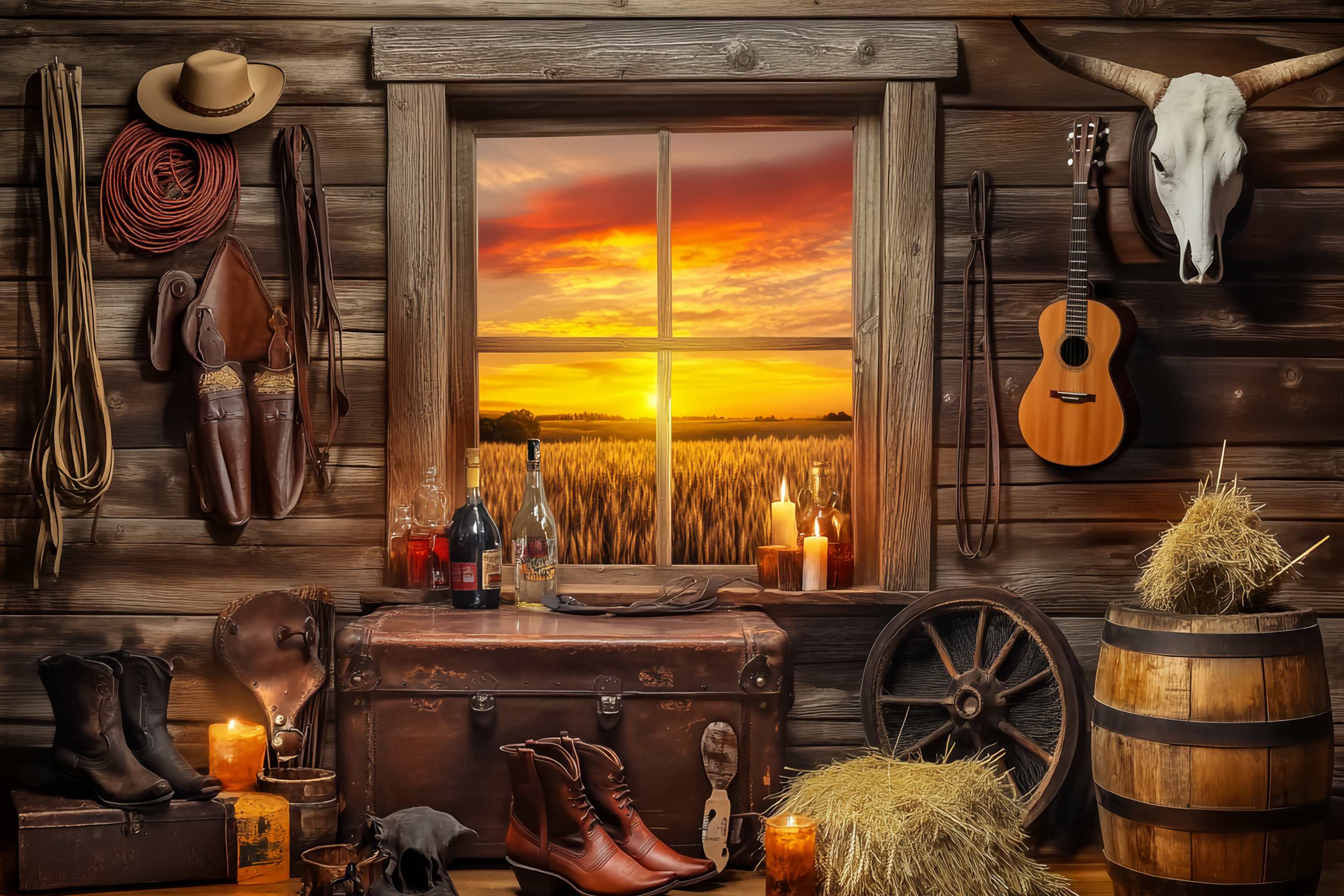Fall Photo Backdrop Rustic Cabin Sunset Window Cowboy Backdrop LXX58-191