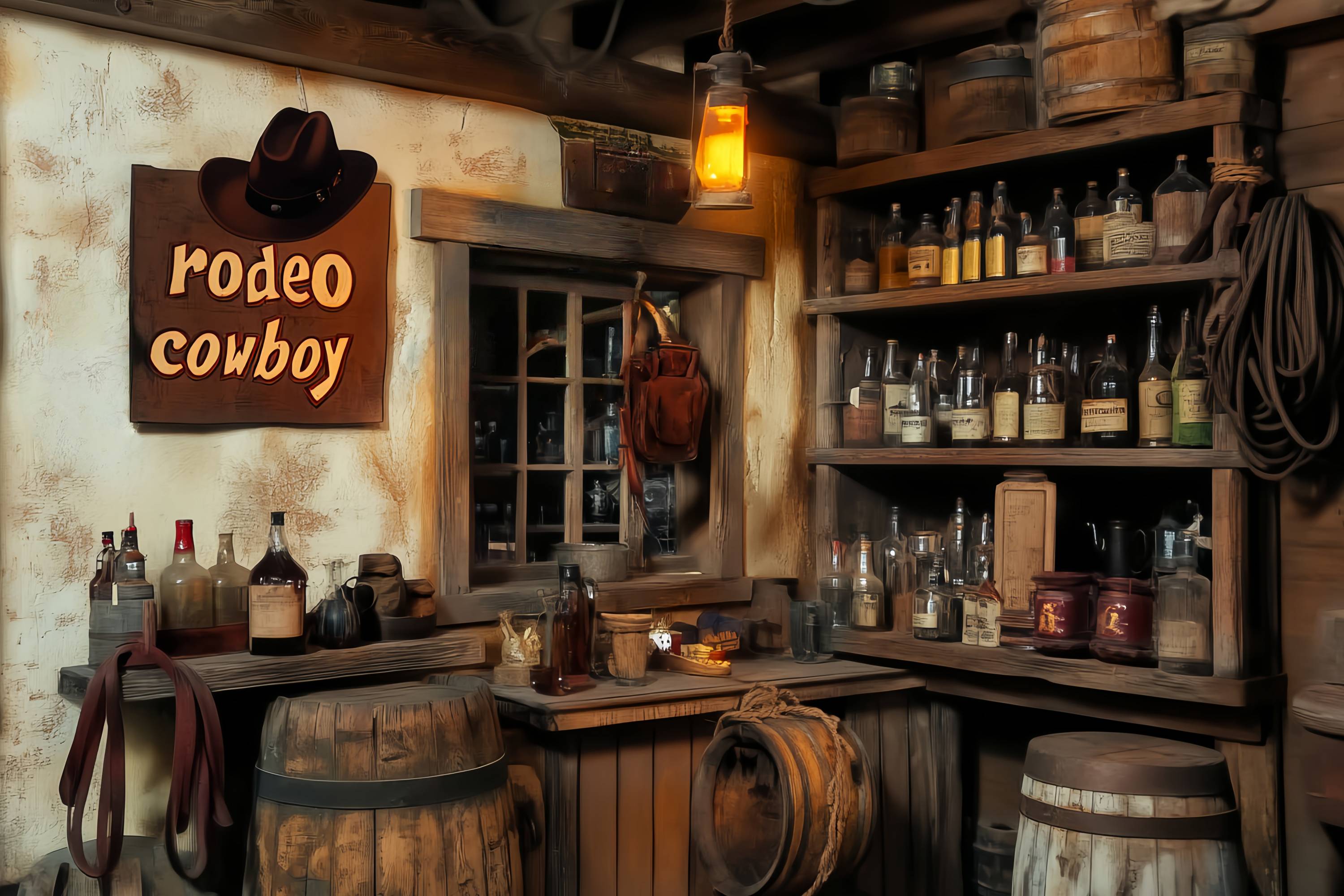 Fall Photo Backdrop Vintage Saloon Bottles Lantern Cowboy Backdrop LXX58-193