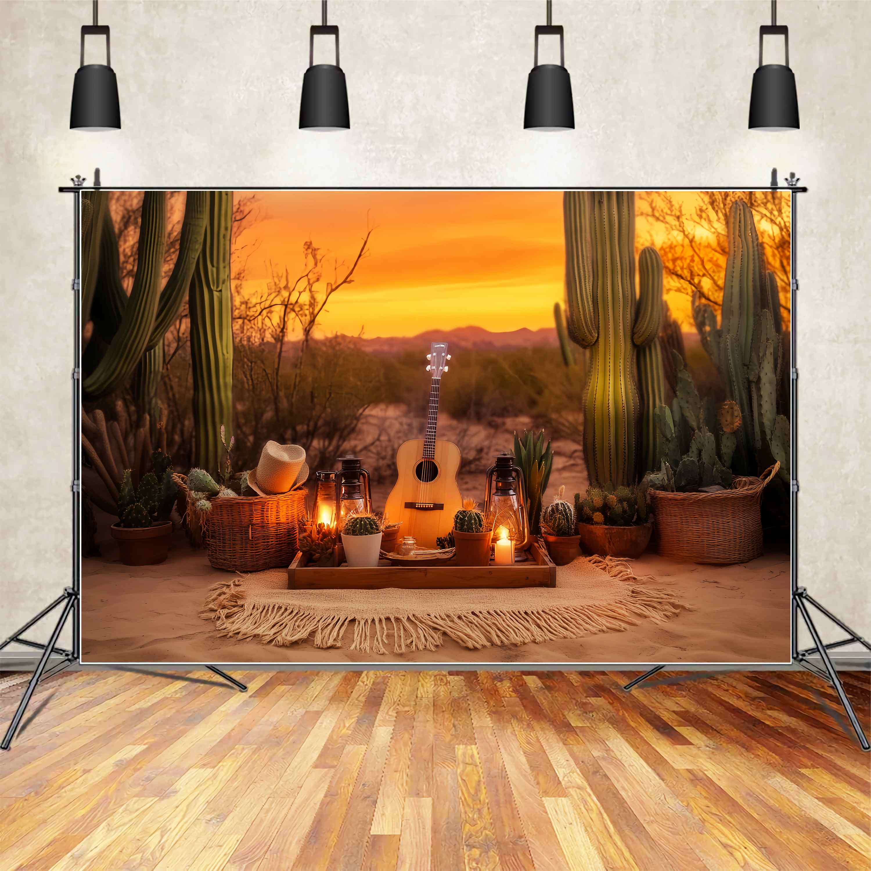 Fall Photo Backdrop Sunset Cactus Picnic Arrangement Cowboy Backdrop LXX58-194