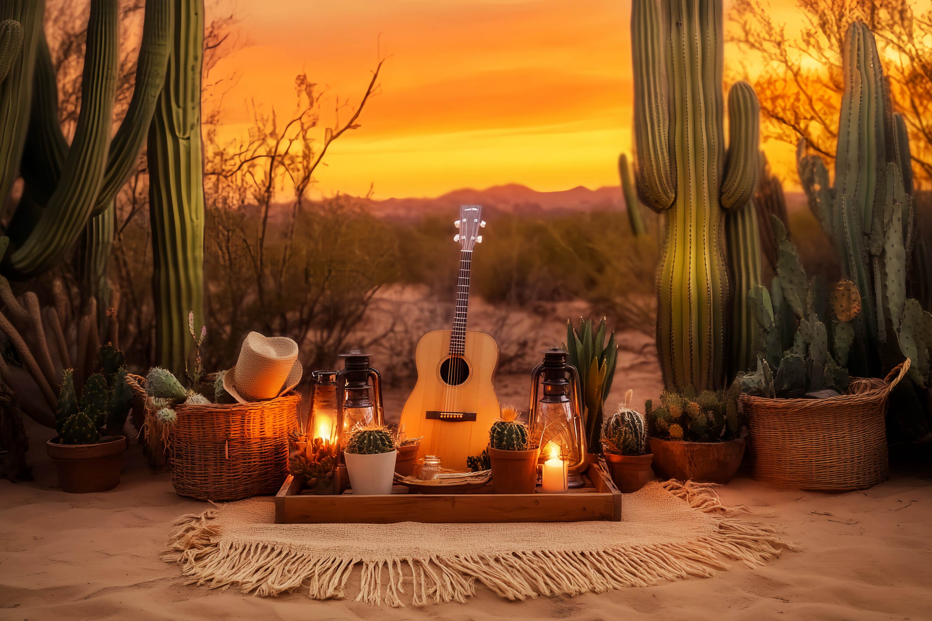 Fall Photo Backdrop Sunset Cactus Picnic Arrangement Cowboy Backdrop LXX58-194