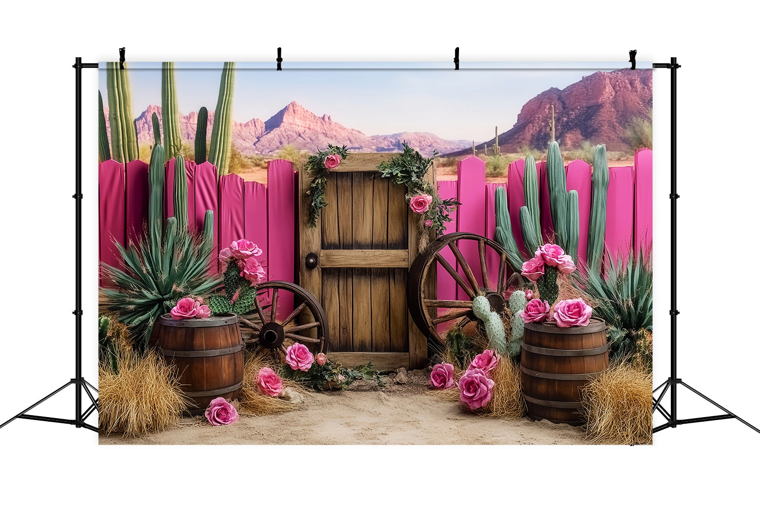 Fall Backdrop Pink Cactus Wagon Wheel Decor Western Backdrop LXX58-198