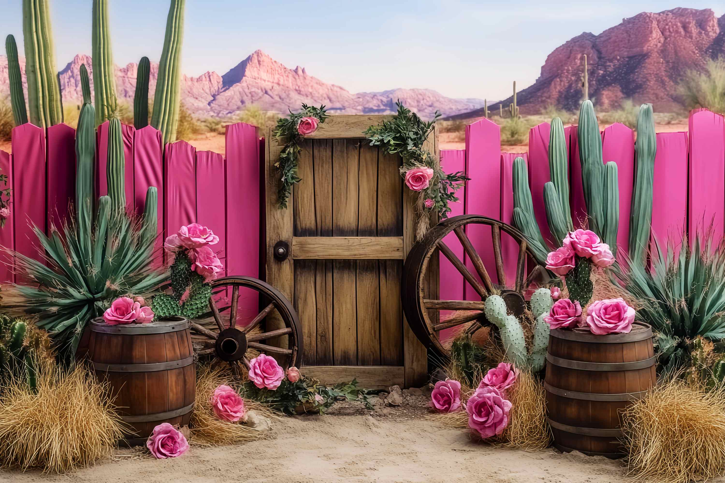 Fall Backdrop Pink Cactus Wagon Wheel Decor Western Backdrop LXX58-198