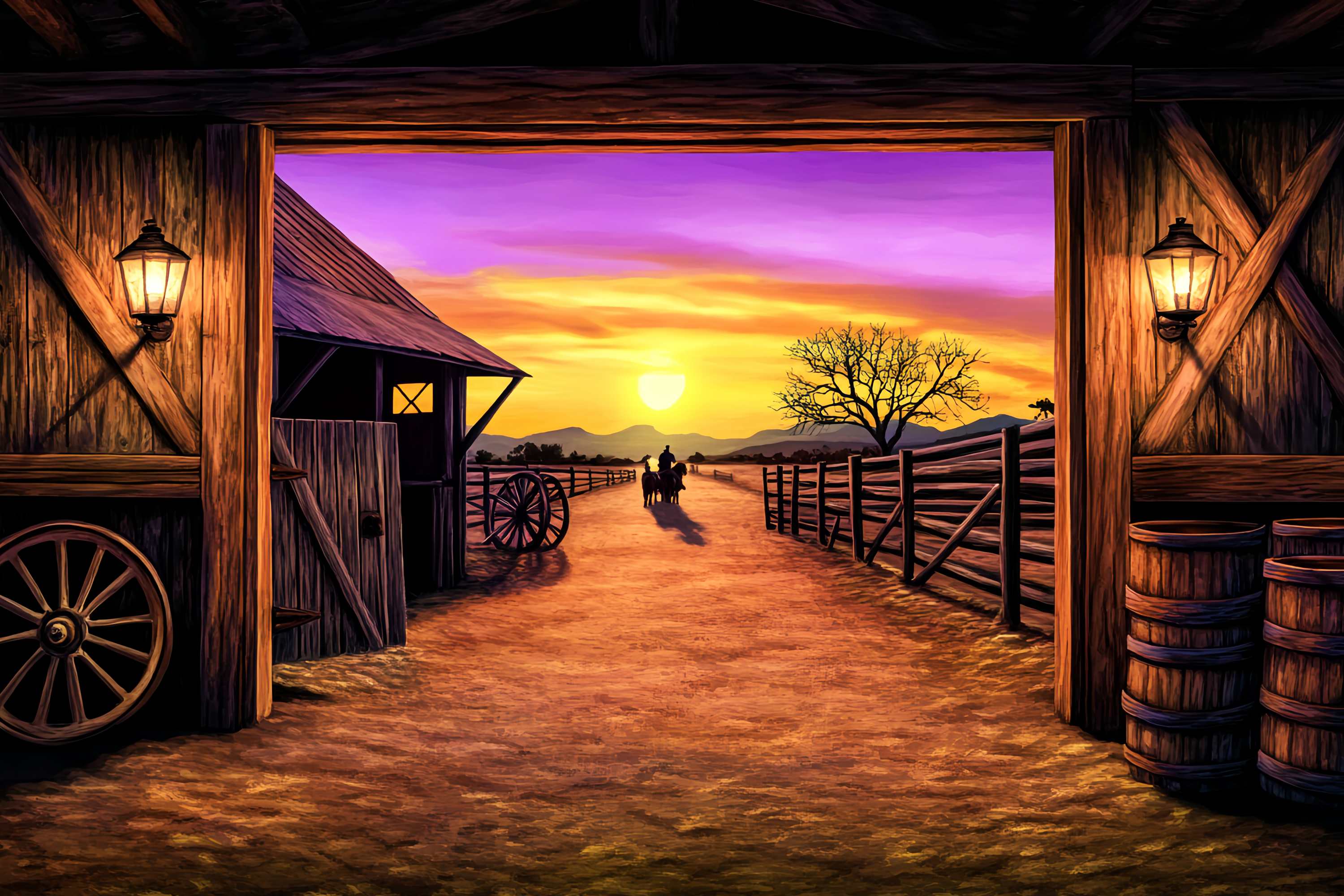 Farm Ranch Backdrop Fall Backdrop Ideas Sunset Ranch Barn View Western Backdrop LXX58-199