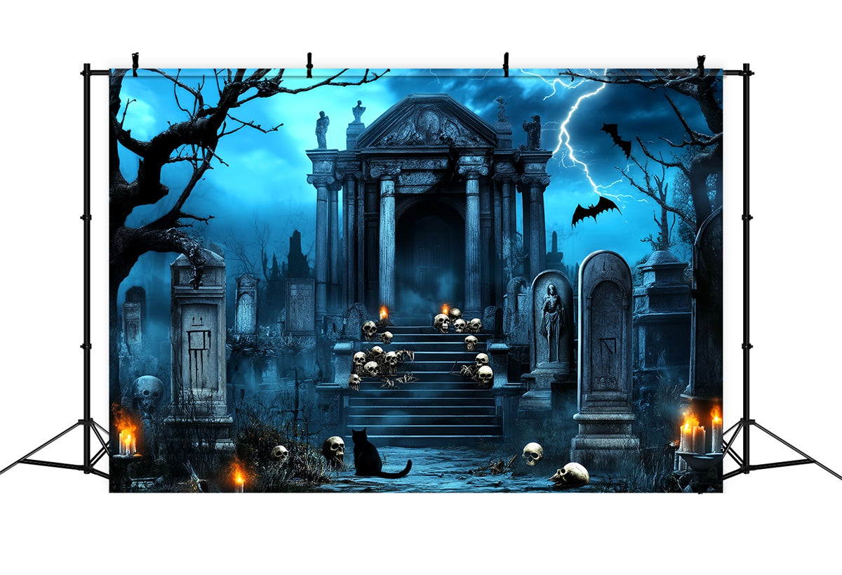 Halloween Graveyard Backdrop Lightning Skull Crypt Backdrop LXX58-20
