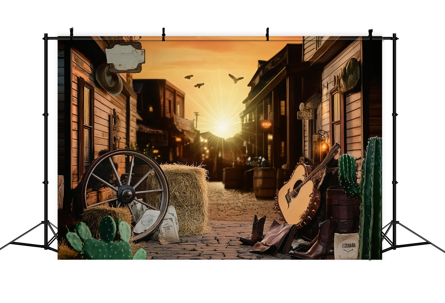 Fall Photo Backdrops Sunset Western Street Guitar Cowboy Backdrop LXX58-204
