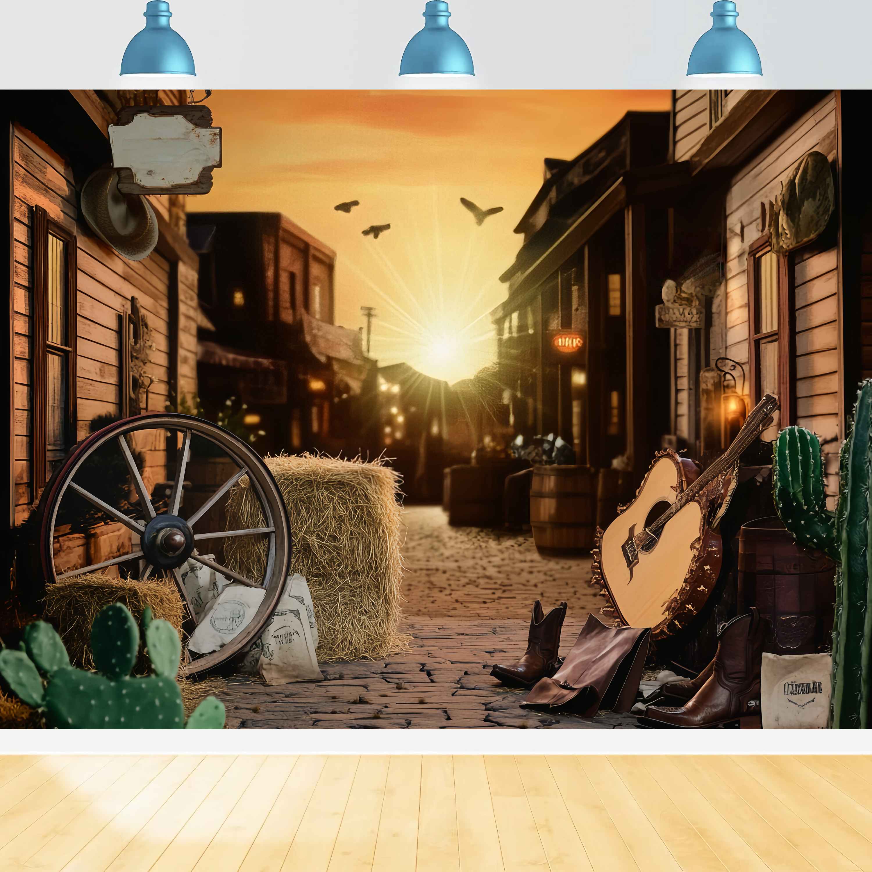 Fall Photo Backdrops Sunset Western Street Guitar Cowboy Backdrop LXX58-204