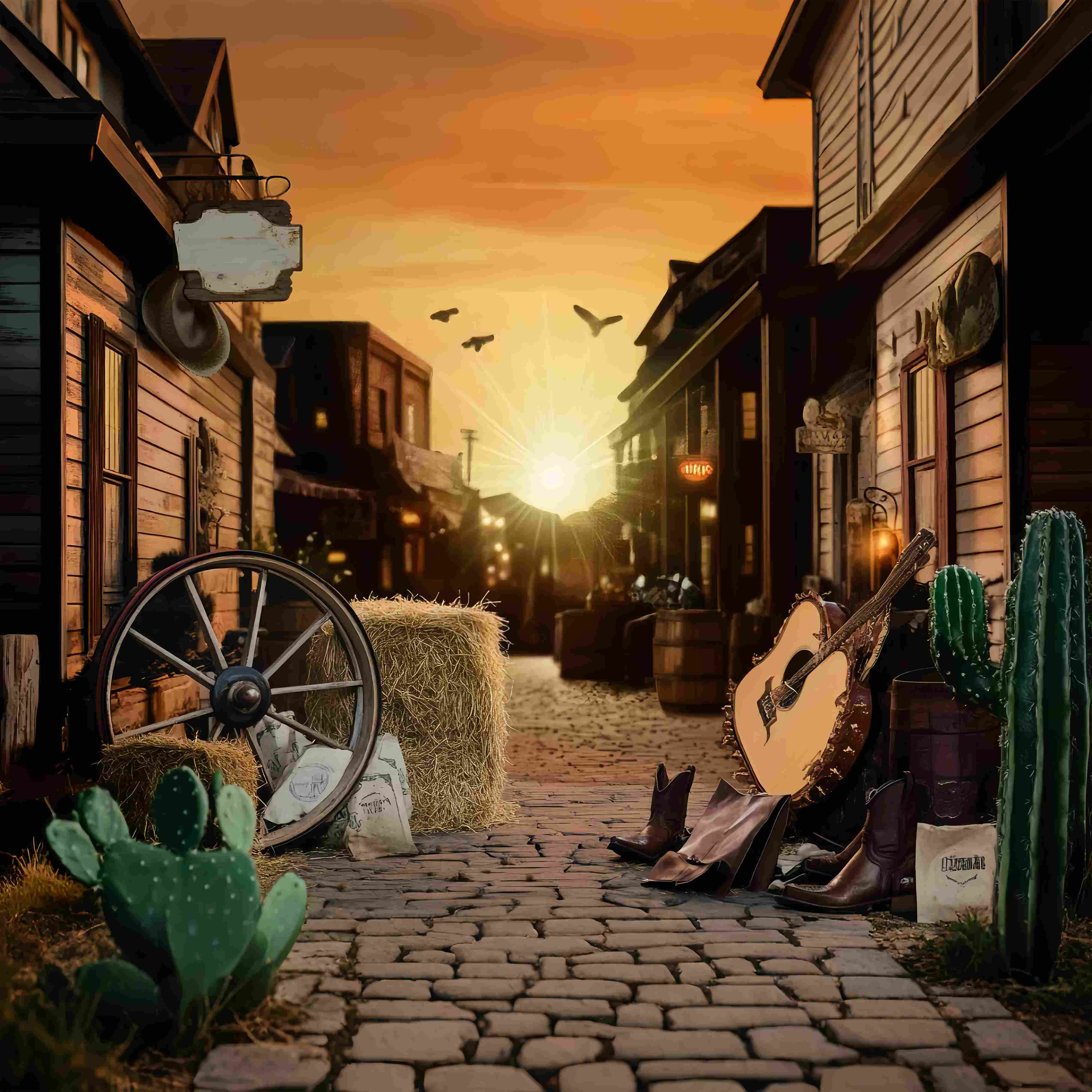 Fall Photo Backdrops Sunset Western Street Guitar Cowboy Backdrop LXX58-204