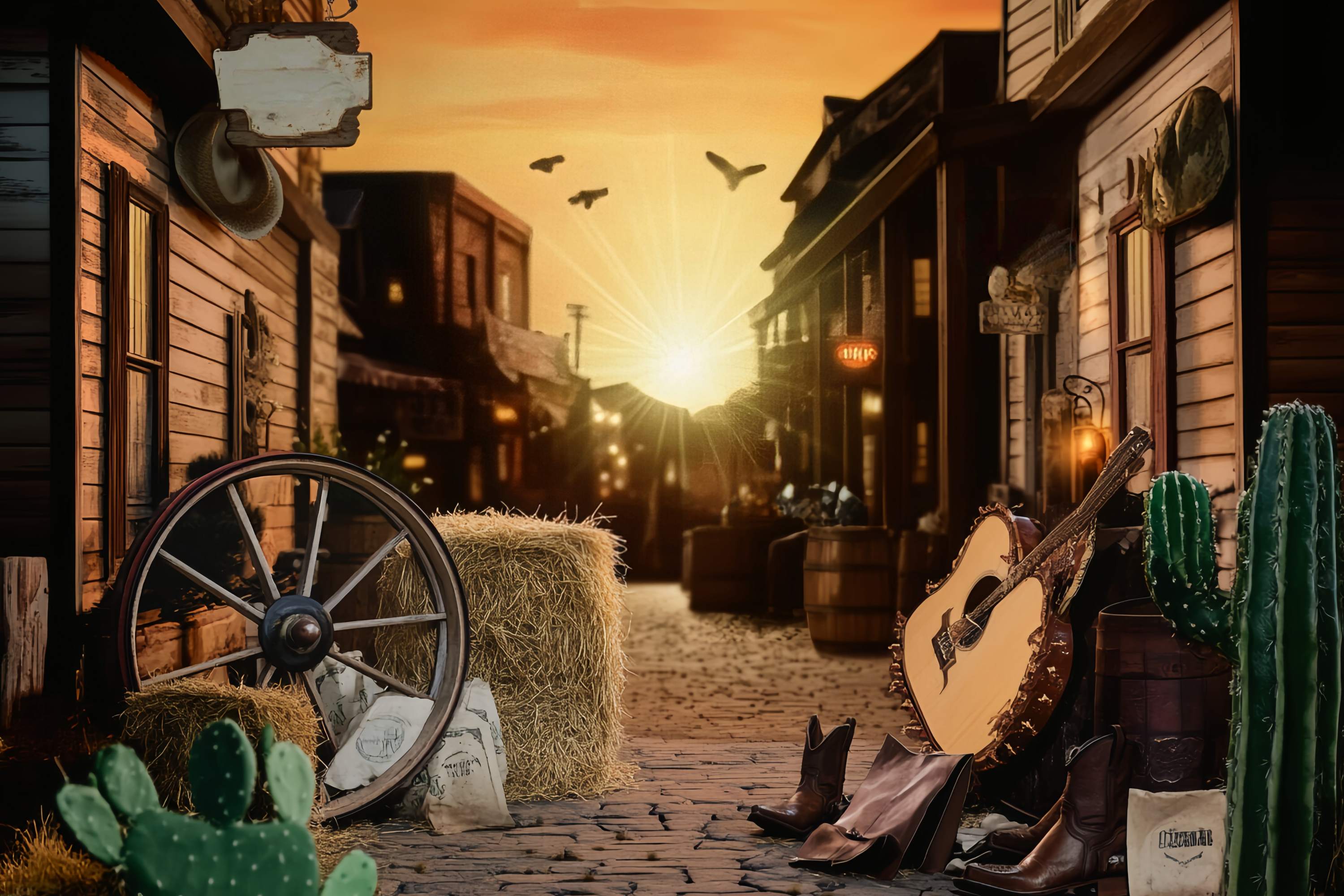 Fall Photo Backdrops Sunset Western Street Guitar Cowboy Backdrop LXX58-204
