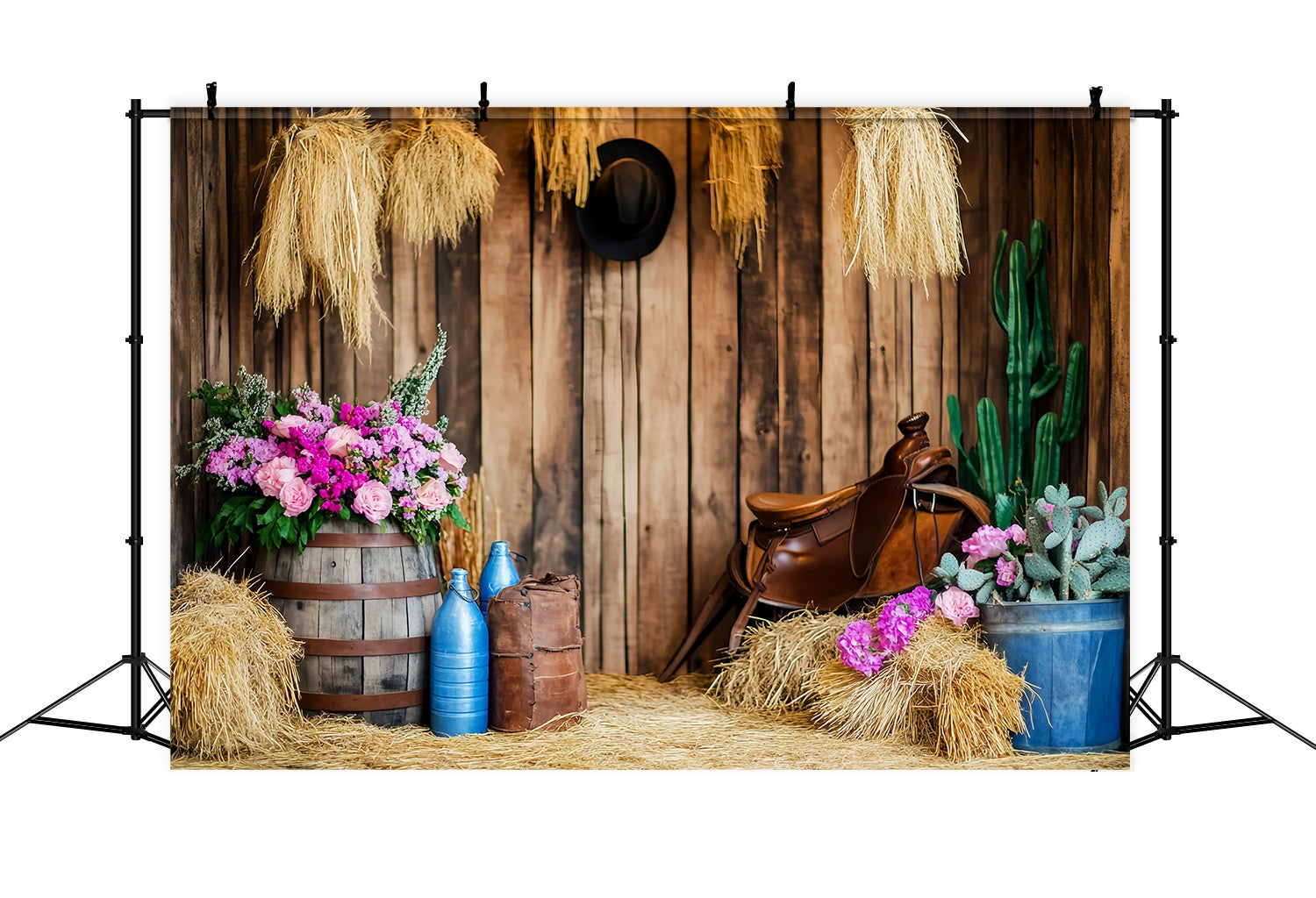 Fall Backdrop Rustic Barrel Flowers Hay Bales Cowboy Backdrop LXX58-206