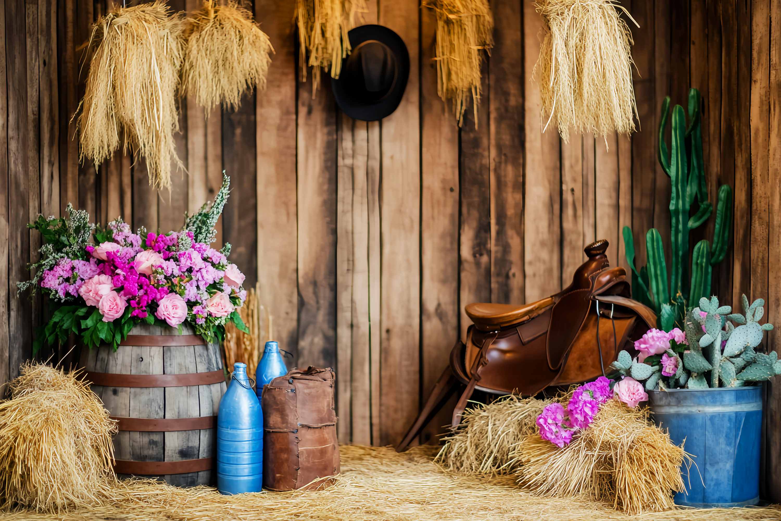 Fall Backdrop Rustic Barrel Flowers Hay Bales Cowboy Backdrop LXX58-206