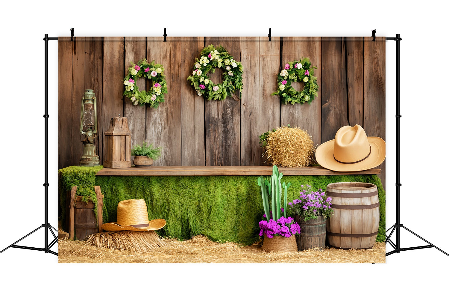 Fall Photography Backdrops Green Moss Wooden Barn Decor Western Backdrop LXX58-209