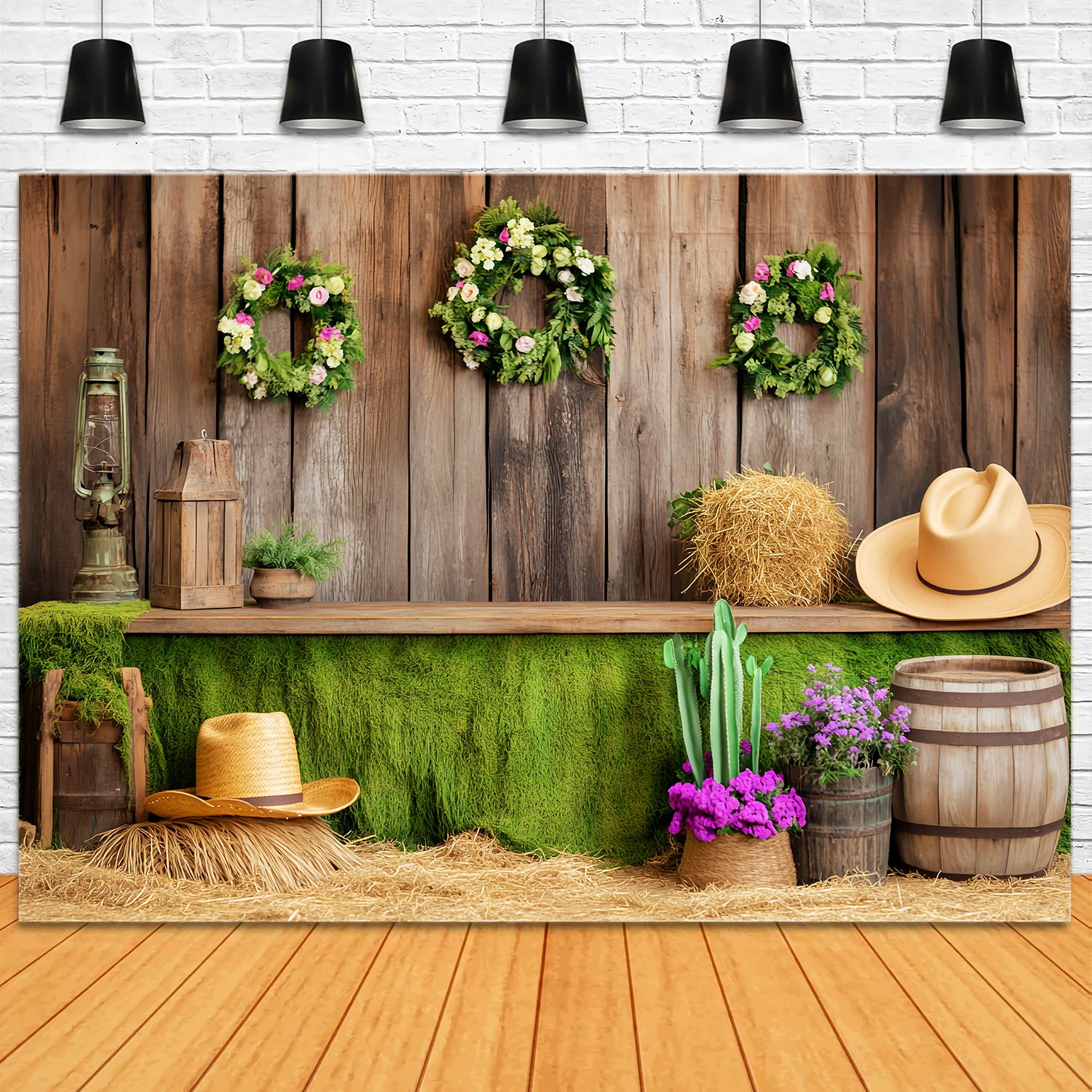Fall Photography Backdrops Green Moss Wooden Barn Decor Western Backdrop LXX58-209