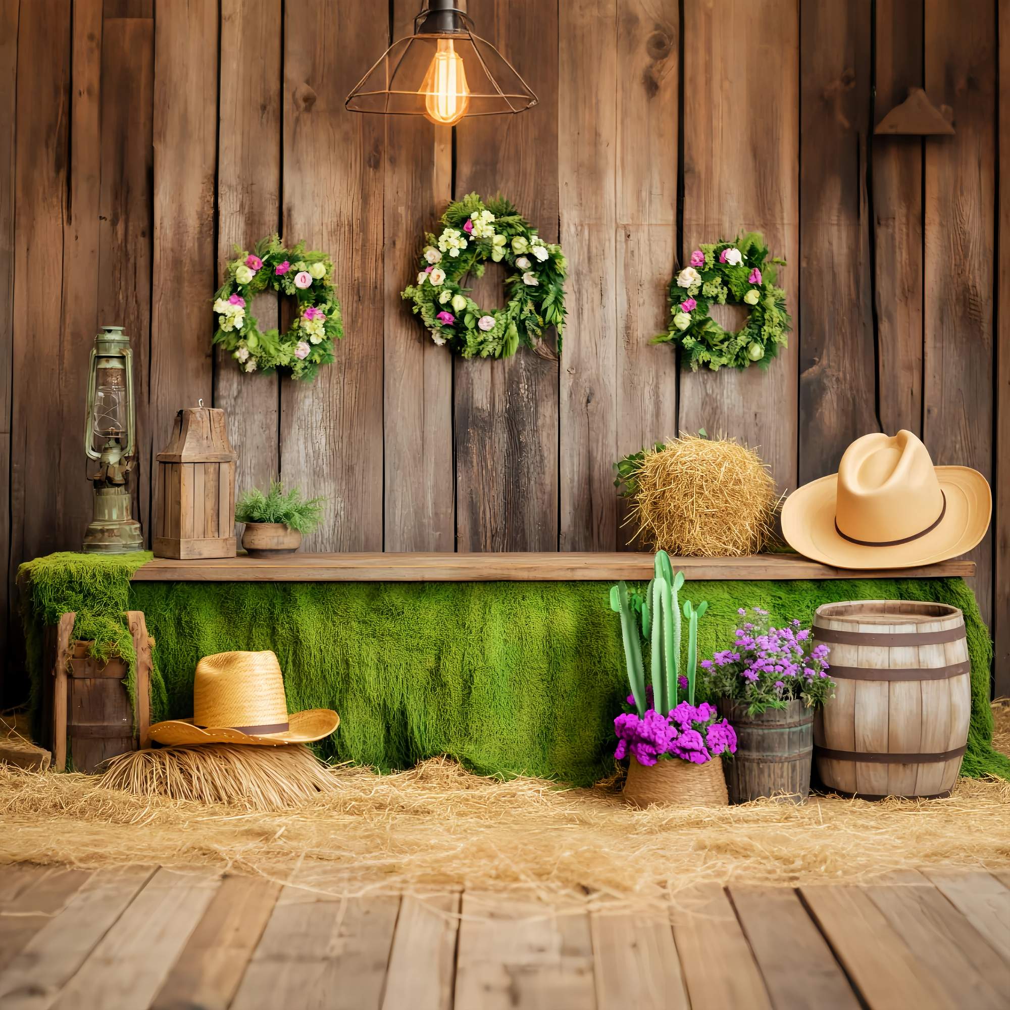 Fall Photography Backdrops Green Moss Wooden Barn Decor Western Backdrop LXX58-209