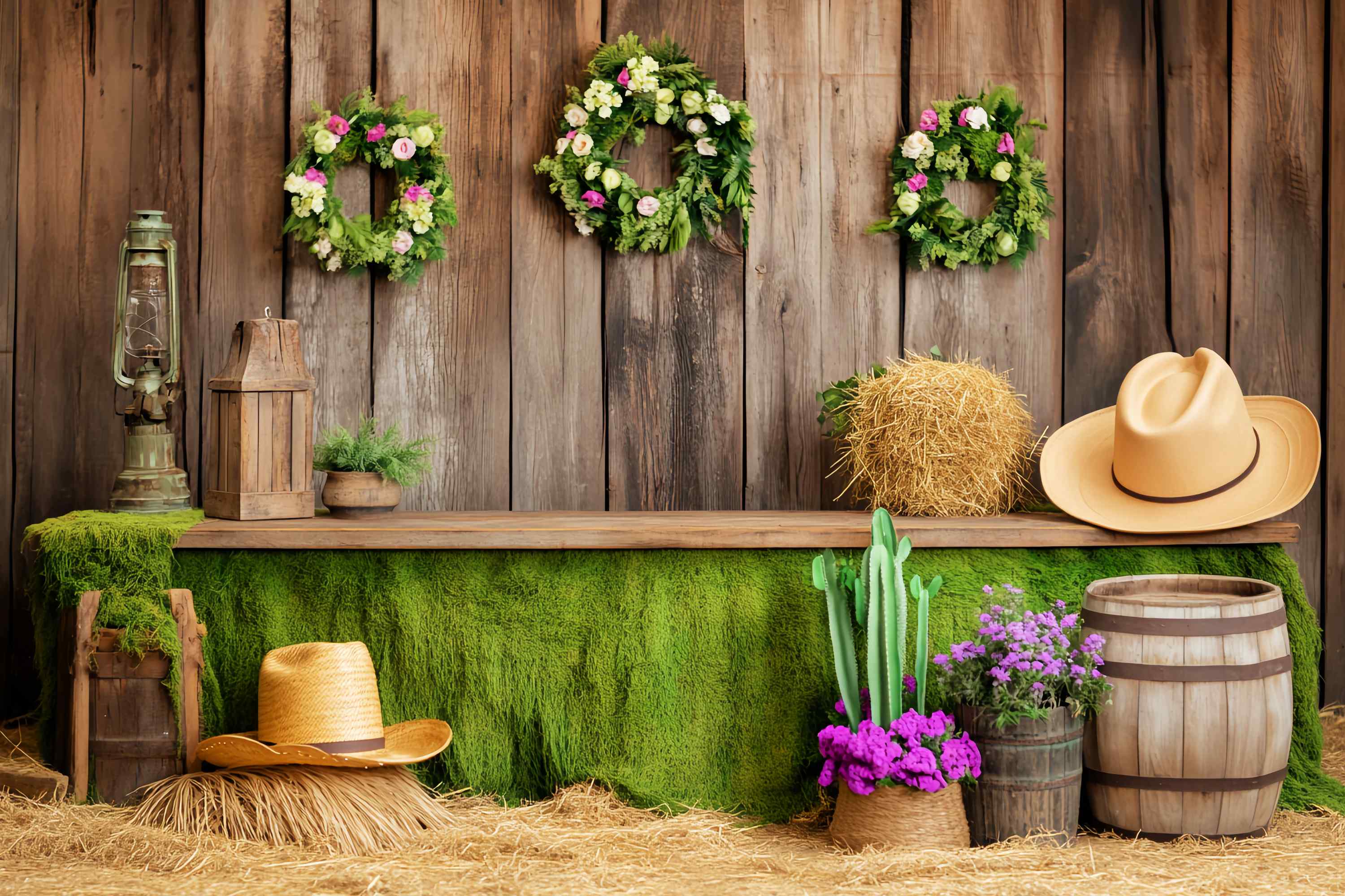 Fall Photography Backdrops Green Moss Wooden Barn Decor Western Backdrop LXX58-209