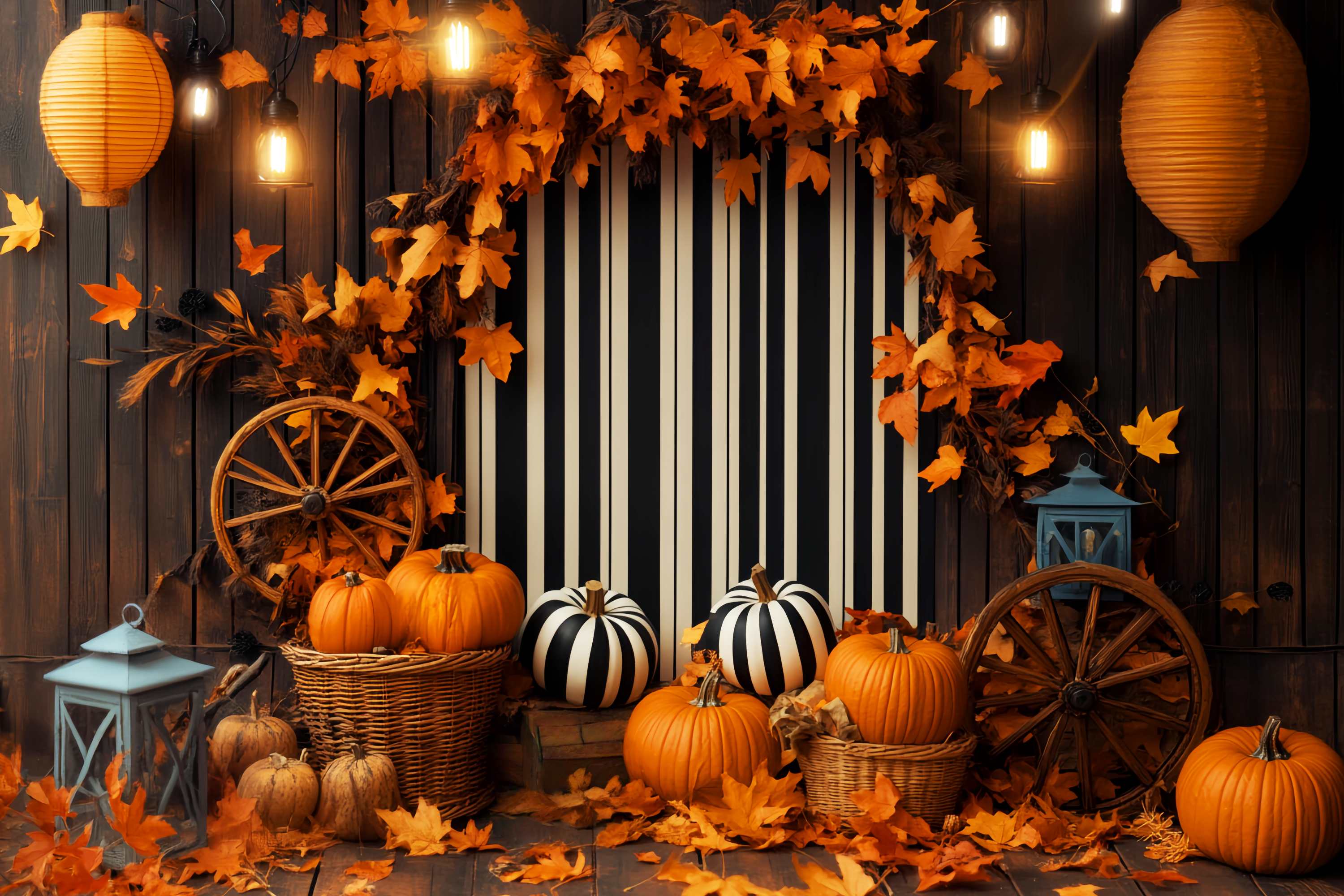 Fall Backdrops Striped Backdrop Pumpkin Lantern Display Thanksgiving Backdrop LXX58-211