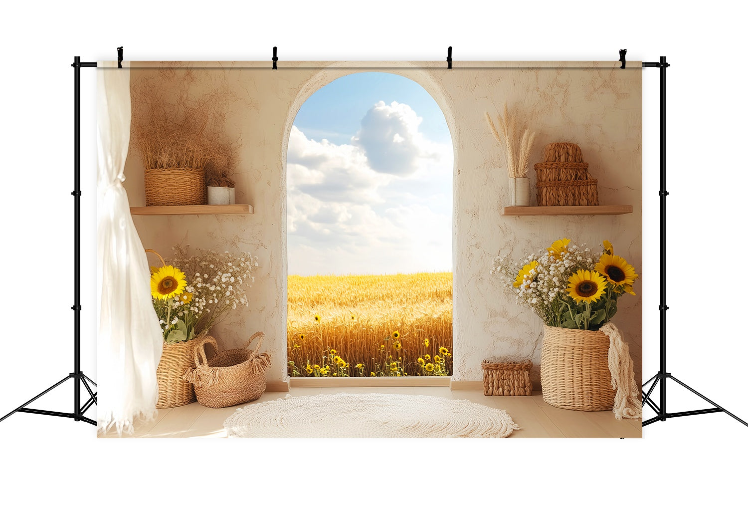 Autumn Backdrops Sunflower Basket Golden Wheat View Boho Backdrop LXX58-213