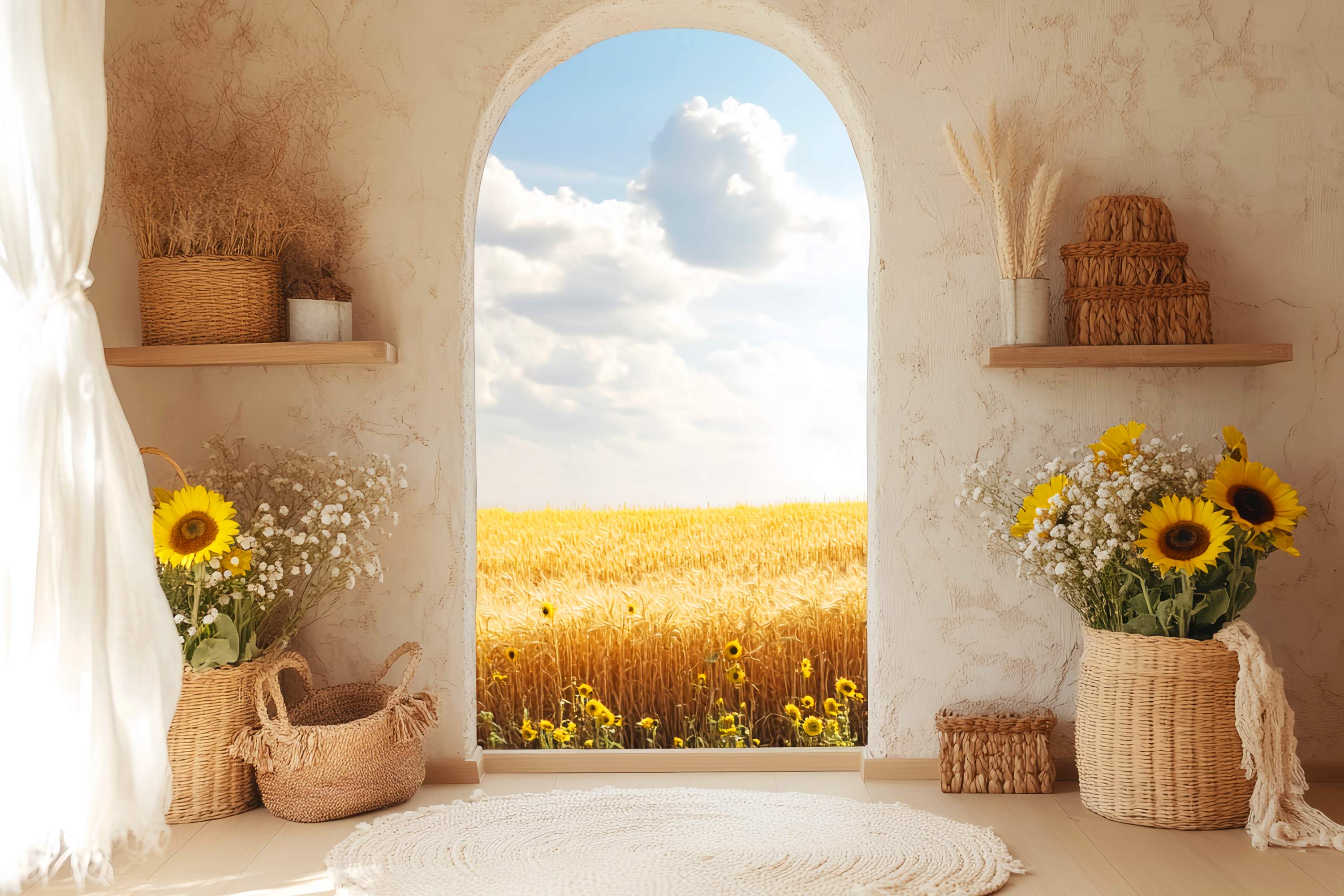 Autumn Backdrops Sunflower Basket Golden Wheat View Boho Backdrop LXX58-213