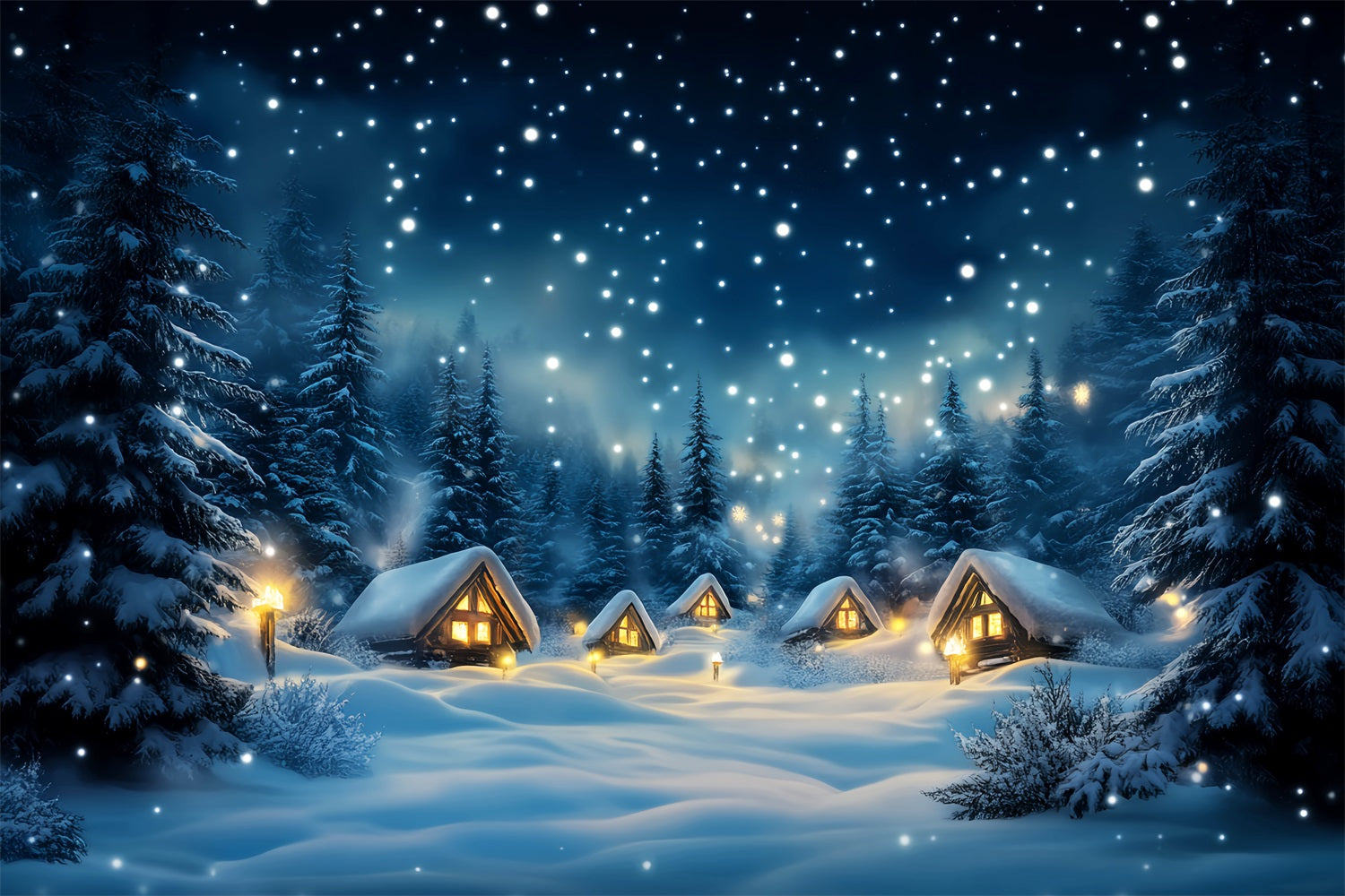 Winter Sky Backdrop Snowy Cabin Forest Night Winter Backdrop LXX58-216