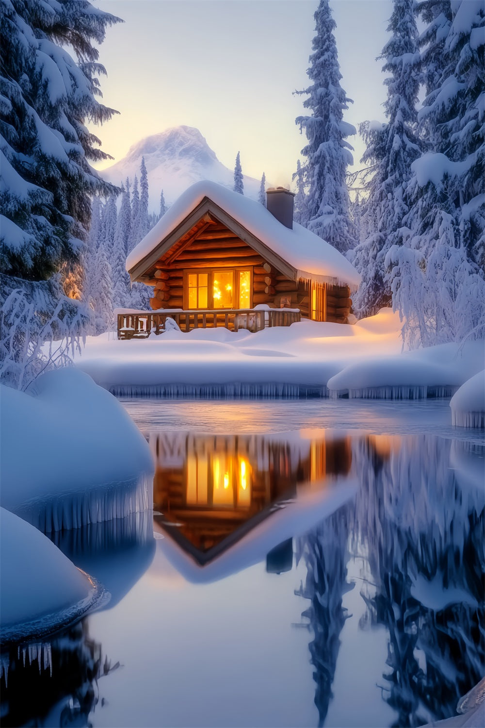 Winter Wonderland Backdrop Cozy Cabin Snow Reflection Winter Snow Backdrop LXX58-221