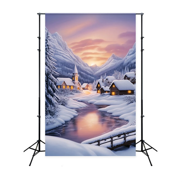 Winter Wonderland Backdrop Sunset Alpine Snow Village Winter Forest Backdrop LXX58-223