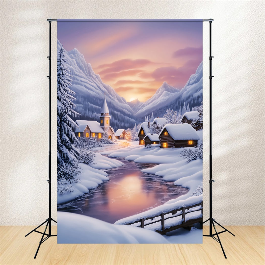 Winter Wonderland Backdrop Sunset Alpine Snow Village Winter Forest Backdrop LXX58-223