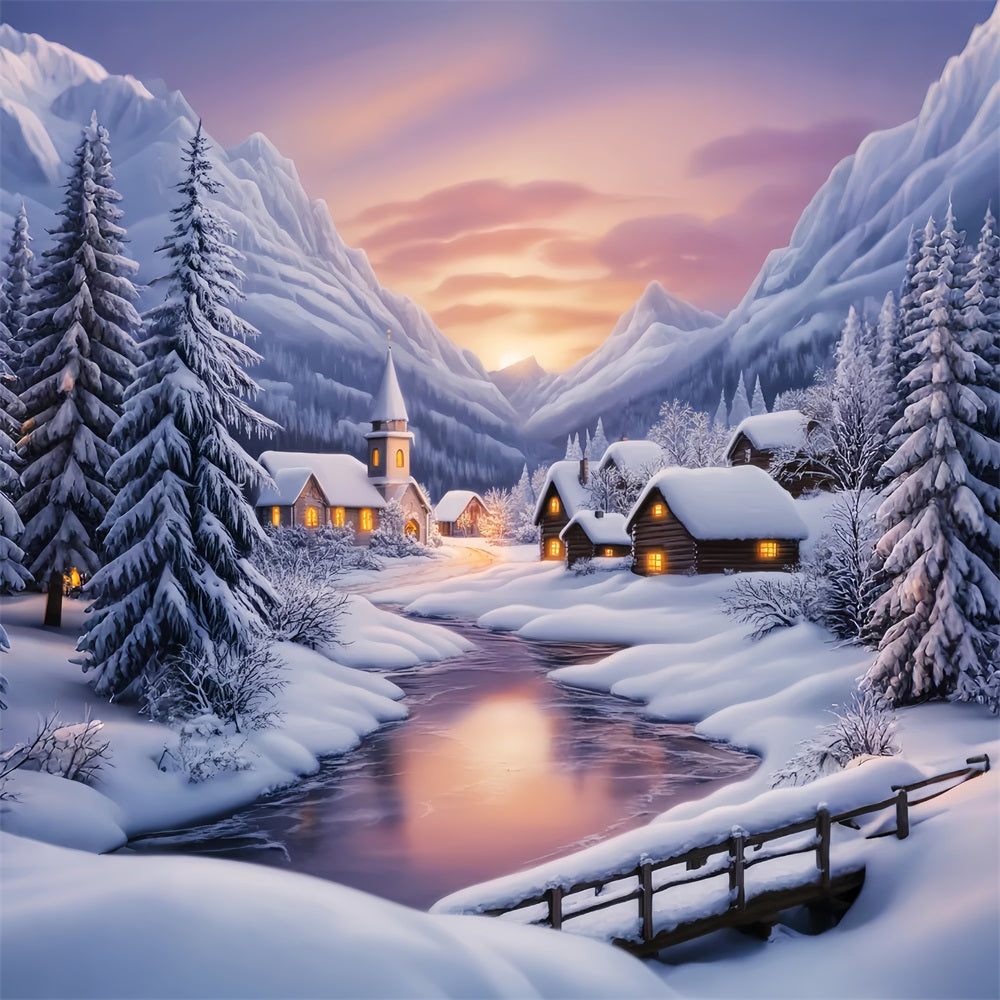 Winter Wonderland Backdrop Sunset Alpine Snow Village Winter Forest Backdrop LXX58-223