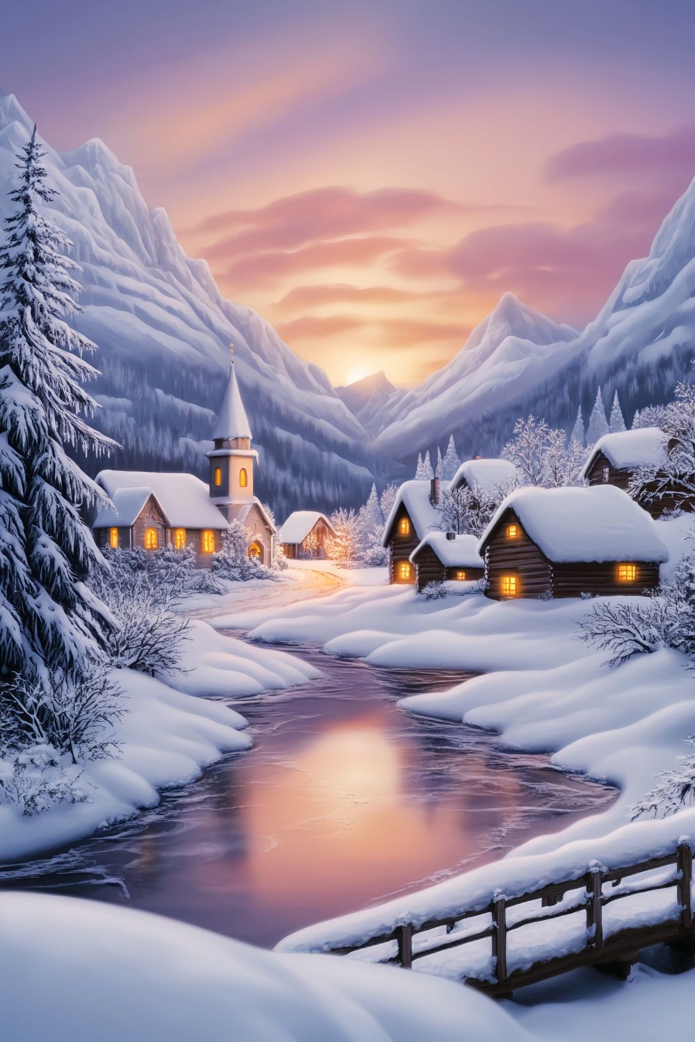 Winter Wonderland Backdrop Sunset Alpine Snow Village Winter Forest Backdrop LXX58-223