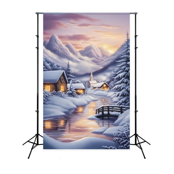 Winter Wonderland Backdrop Snowy Village Mountain Sunset Winter Backdrop LXX58-224