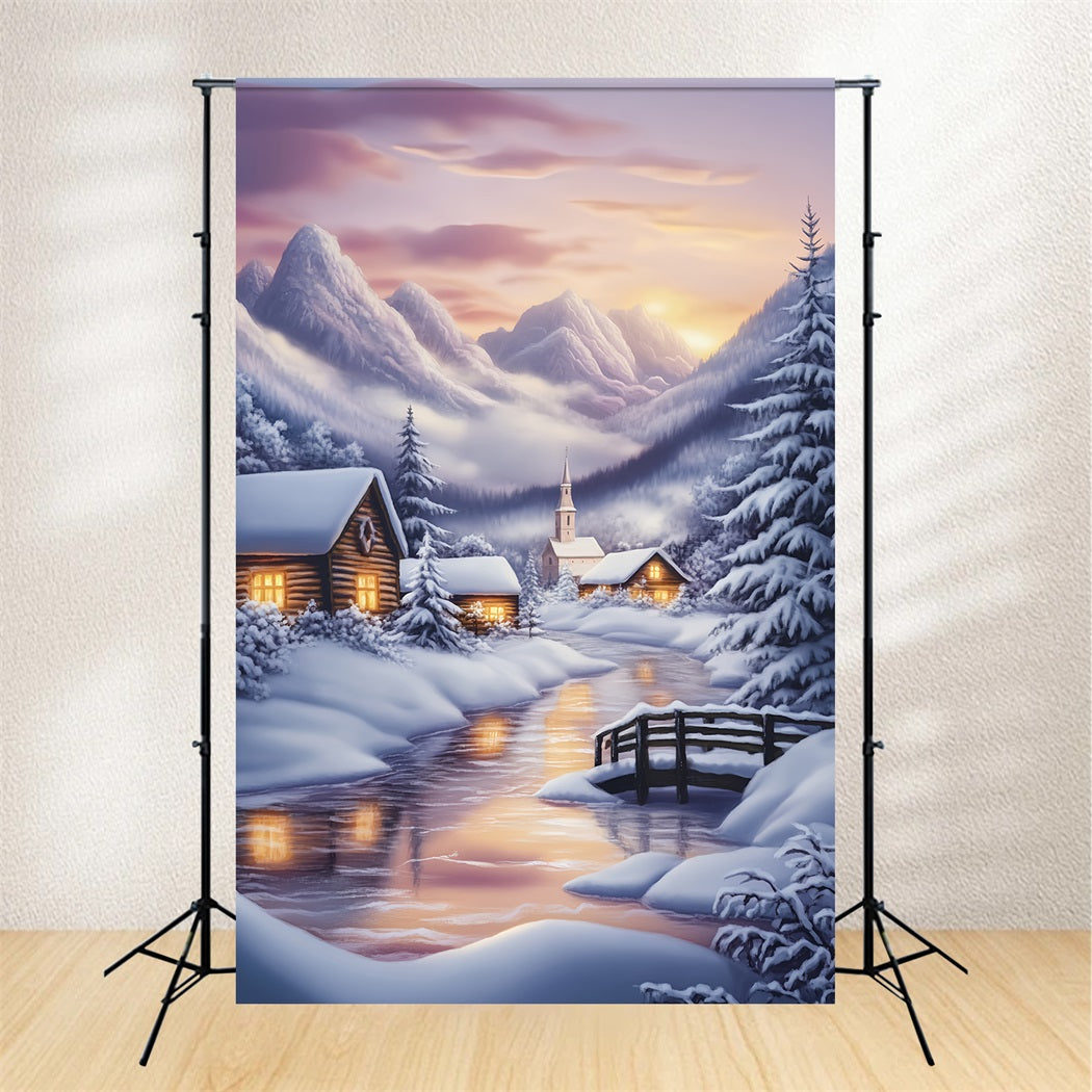 Winter Wonderland Backdrop Snowy Village Mountain Sunset Winter Backdrop LXX58-224