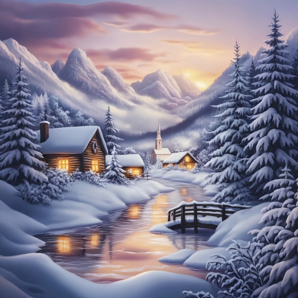 Winter Wonderland Backdrop Snowy Village Mountain Sunset Winter Backdrop LXX58-224